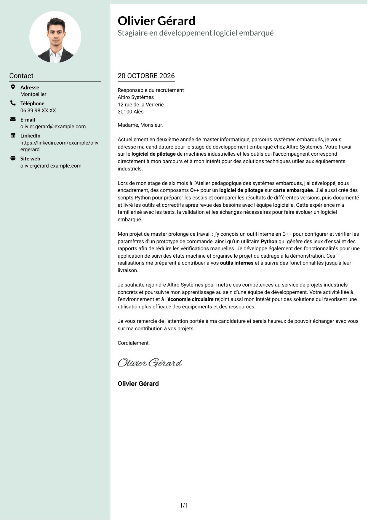 Lettre de motivation Cadre (format à colonne latérale douce avec photo arrondie) : Stagiaire Développeur embarqué - C++ et Python, page 1