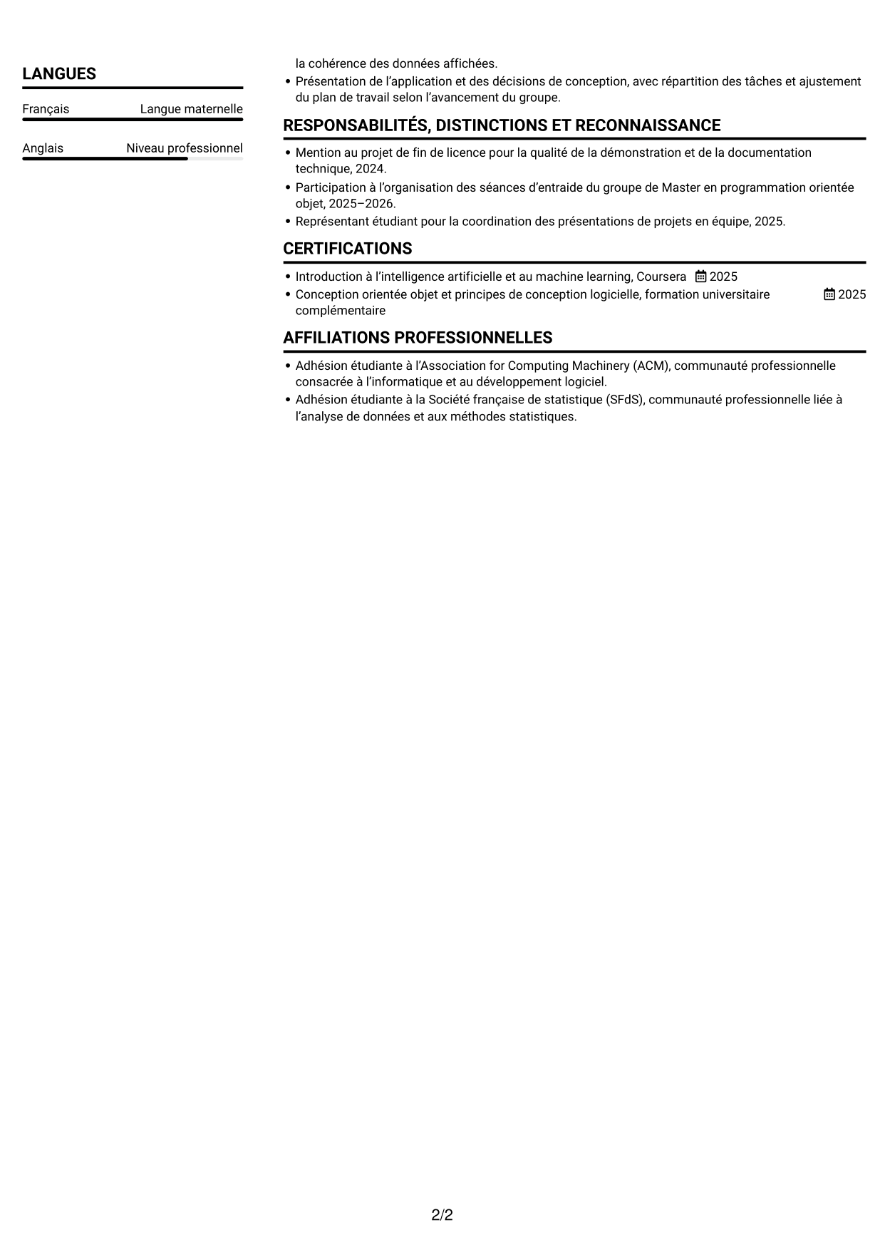 CV Compact (format sobre à deux colonnes avec photo) : Stagiaire développeur logiciel - Supply Chain Analytics, page 2