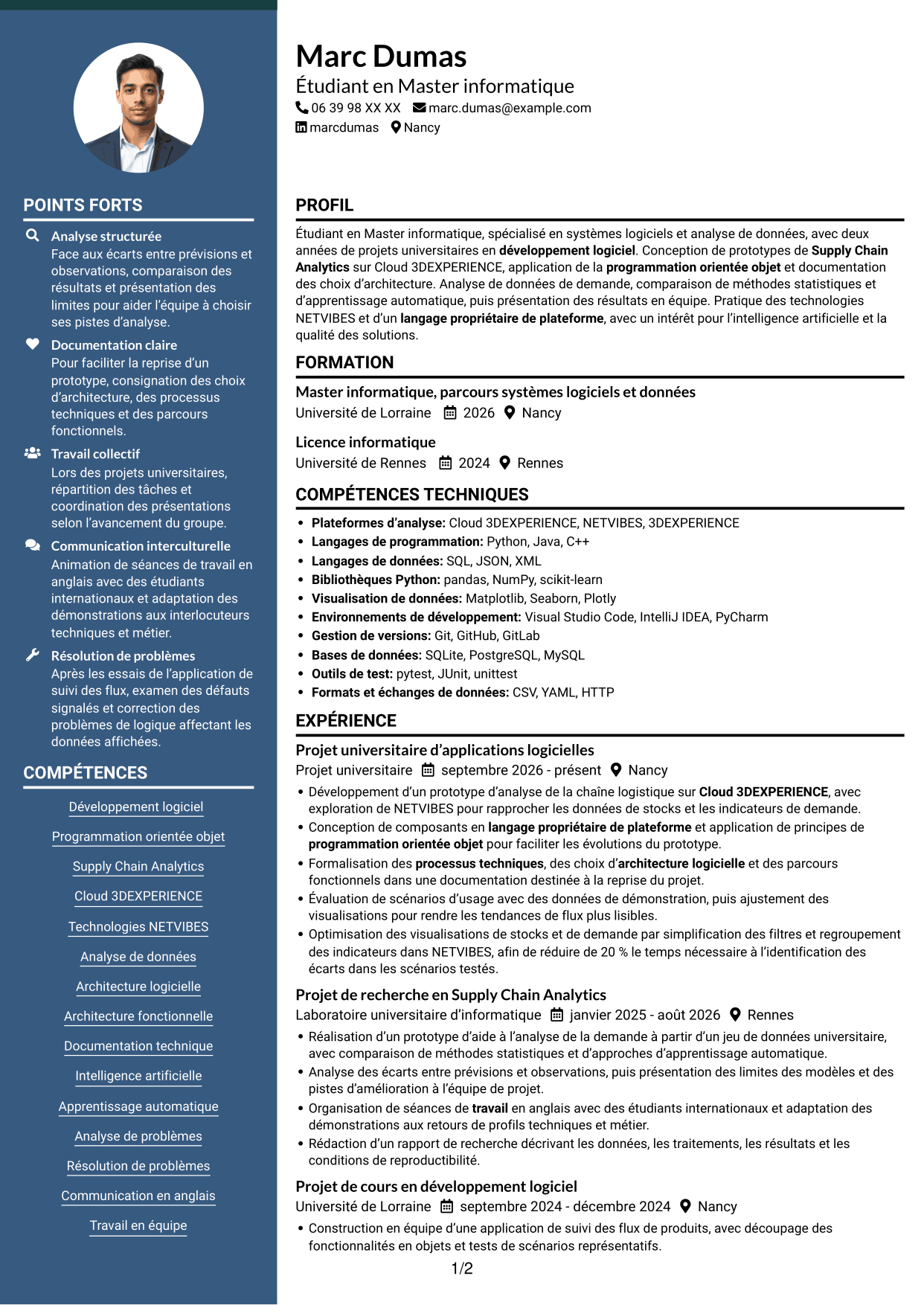 CV Élégant (format à colonne latérale colorée avec photo) : Stagiaire développeur logiciel - Supply Chain Analytics, page 1