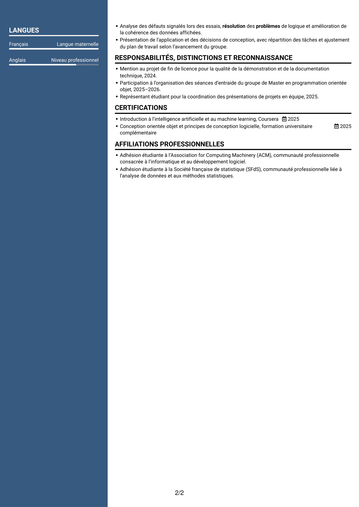 CV Élégant (format à colonne latérale colorée avec photo) : Stagiaire développeur logiciel - Supply Chain Analytics, page 2