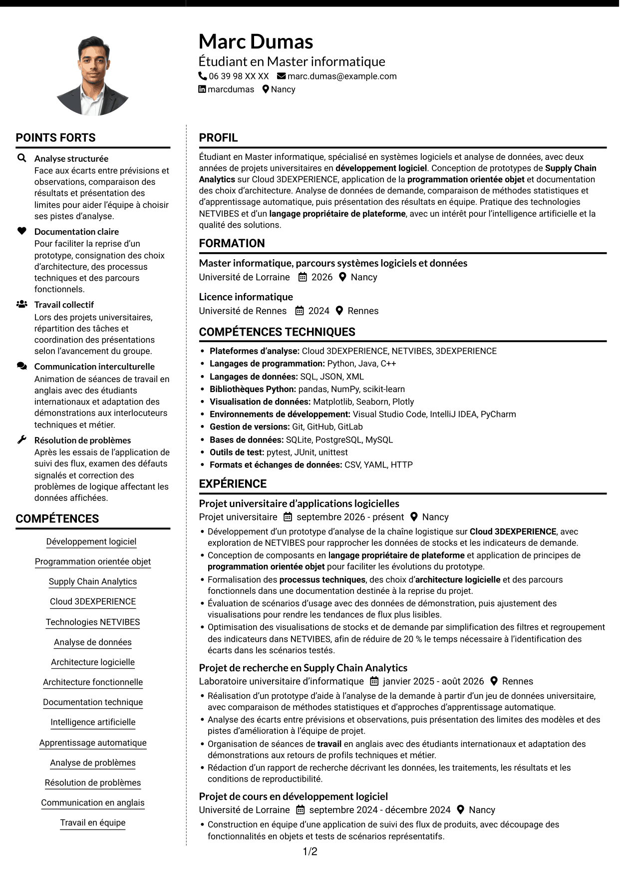 CV Moderne (format à deux colonnes avec photo à gauche et séparateur) : Stagiaire développeur logiciel - Supply Chain Analytics, page 1