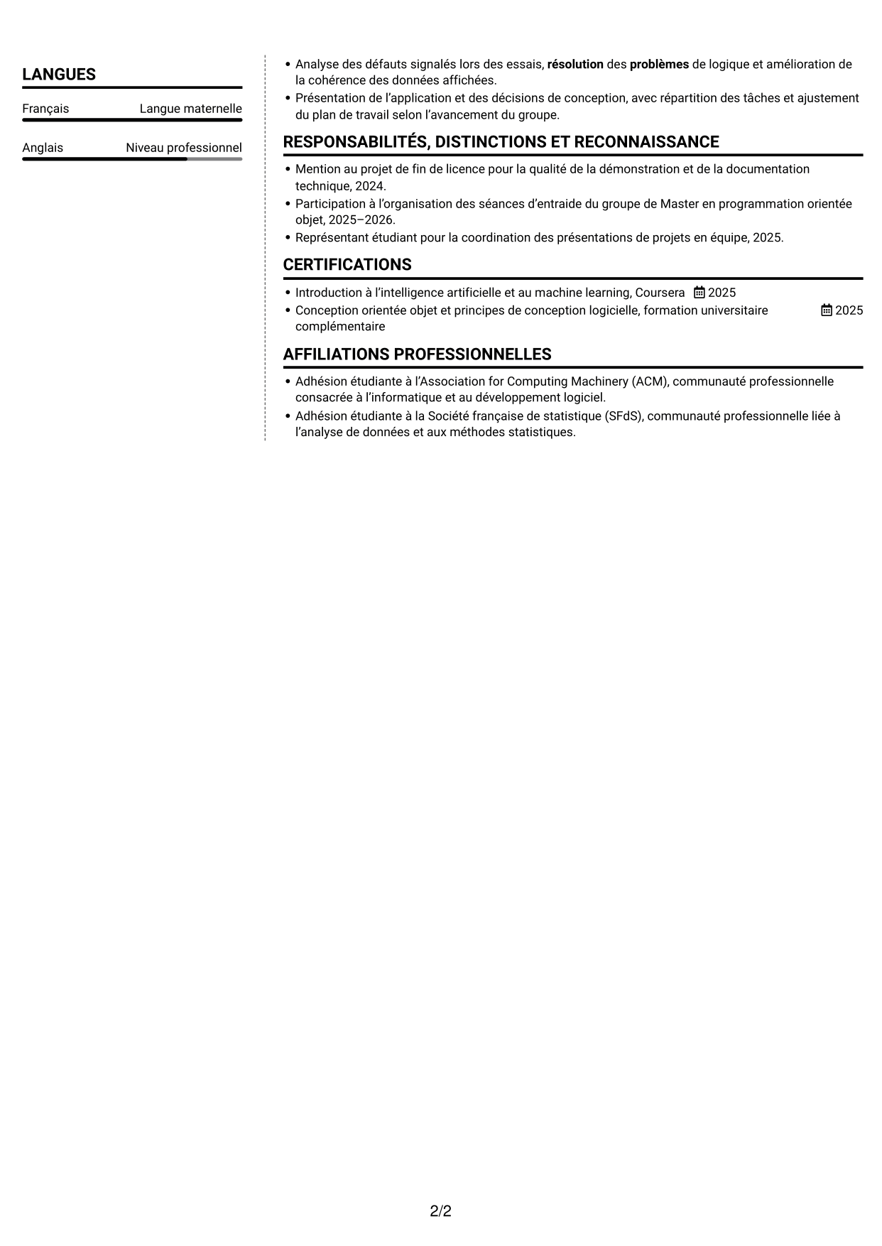 CV Moderne (format à deux colonnes avec photo à gauche et séparateur) : Stagiaire développeur logiciel - Supply Chain Analytics, page 2