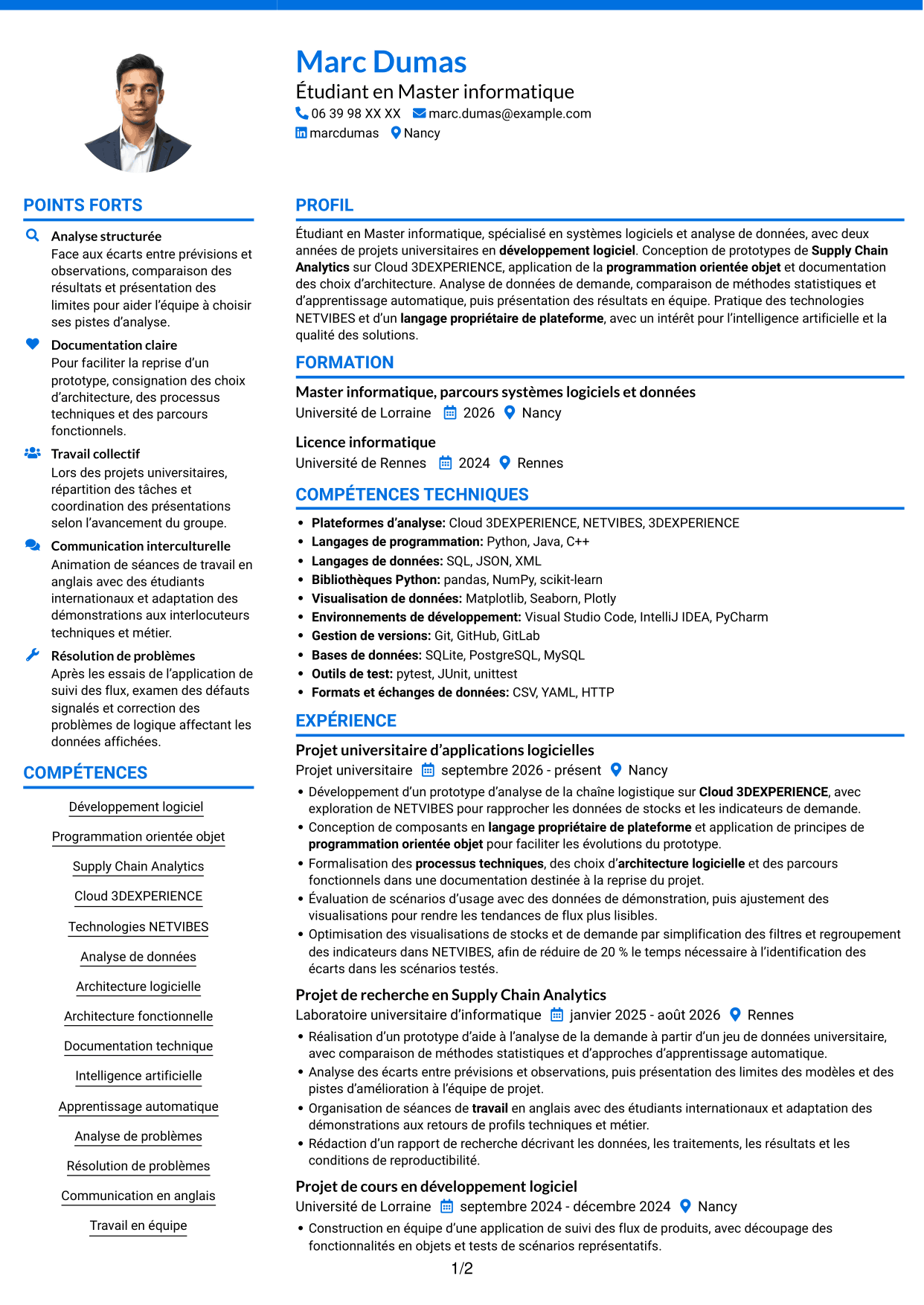 CV Audacieux (format à deux colonnes avec accents colorés et photo) : Stagiaire développeur logiciel - Supply Chain Analytics, page 1