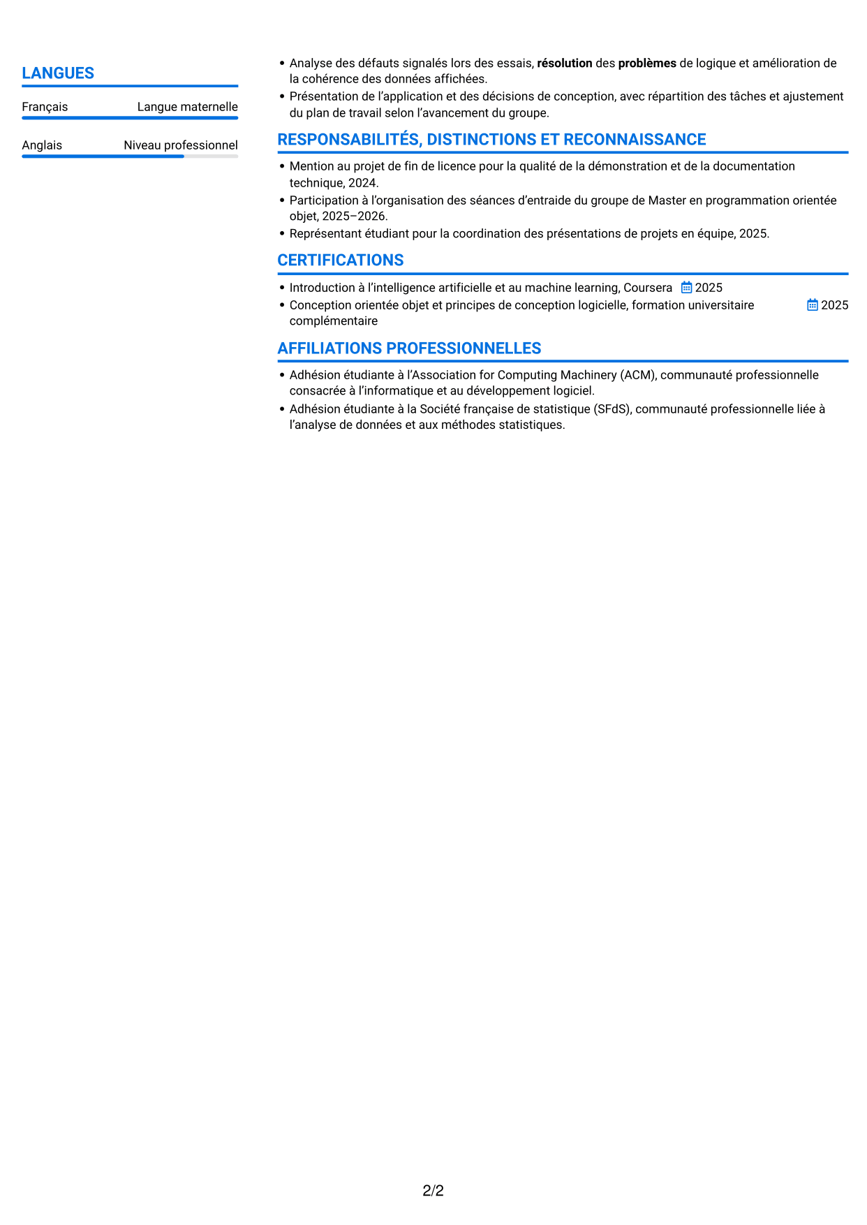 CV Audacieux (format à deux colonnes avec accents colorés et photo) : Stagiaire développeur logiciel - Supply Chain Analytics, page 2