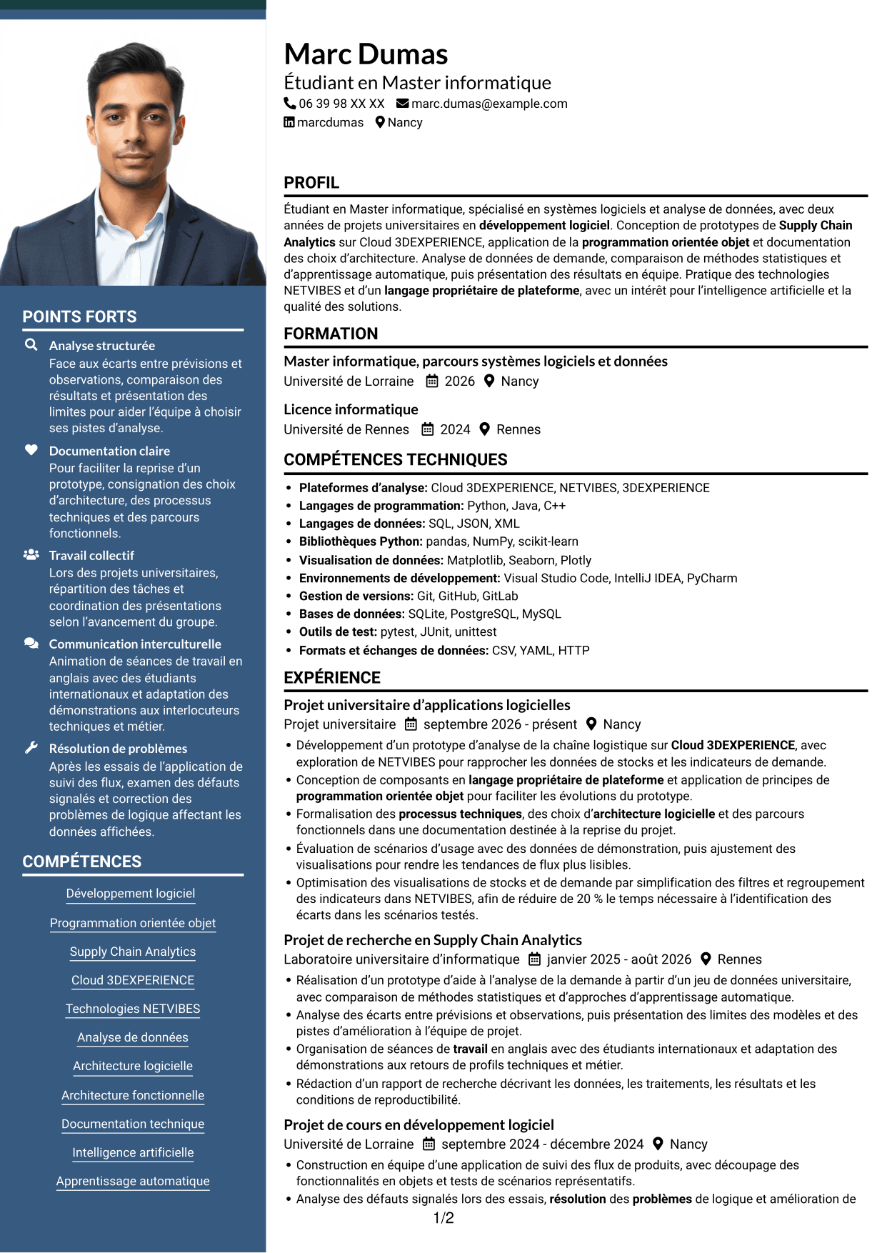 CV Signature (format à colonne latérale colorée avec grande photo) : Stagiaire développeur logiciel - Supply Chain Analytics, page 1