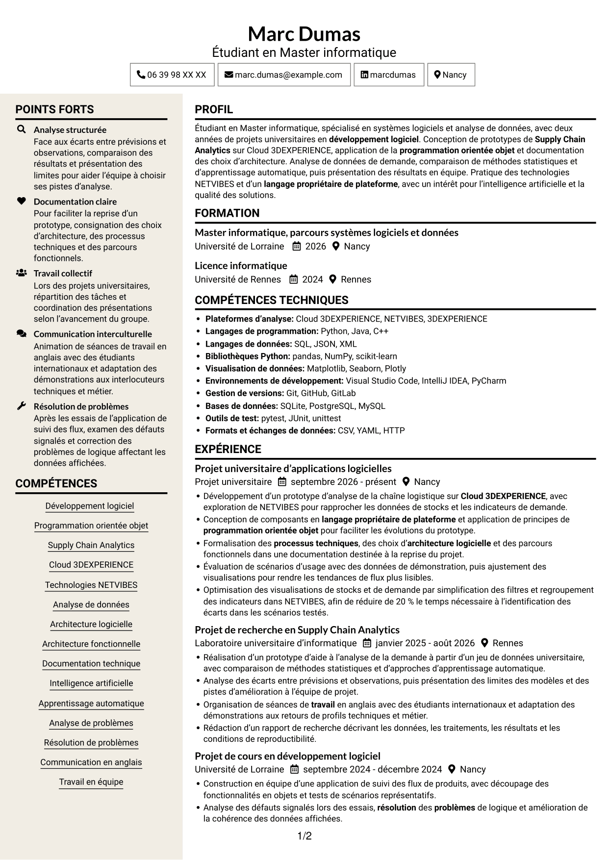 CV Fonceur (format à deux colonnes avec en-tête centré sans photo) : Stagiaire développeur logiciel - Supply Chain Analytics, page 1