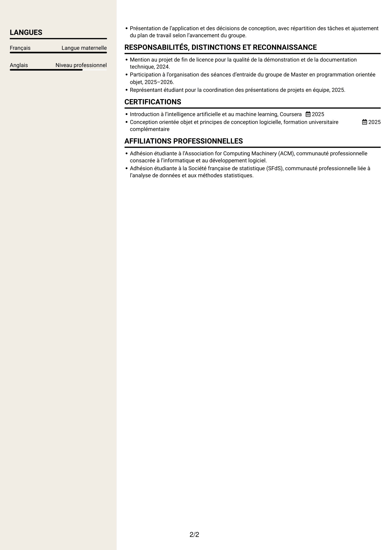 CV Fonceur (format à deux colonnes avec en-tête centré sans photo) : Stagiaire développeur logiciel - Supply Chain Analytics, page 2