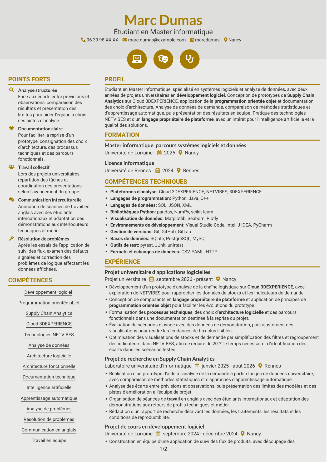 CV Dynamique (format à deux colonnes avec icônes) : Stagiaire développeur logiciel - Supply Chain Analytics, page 1