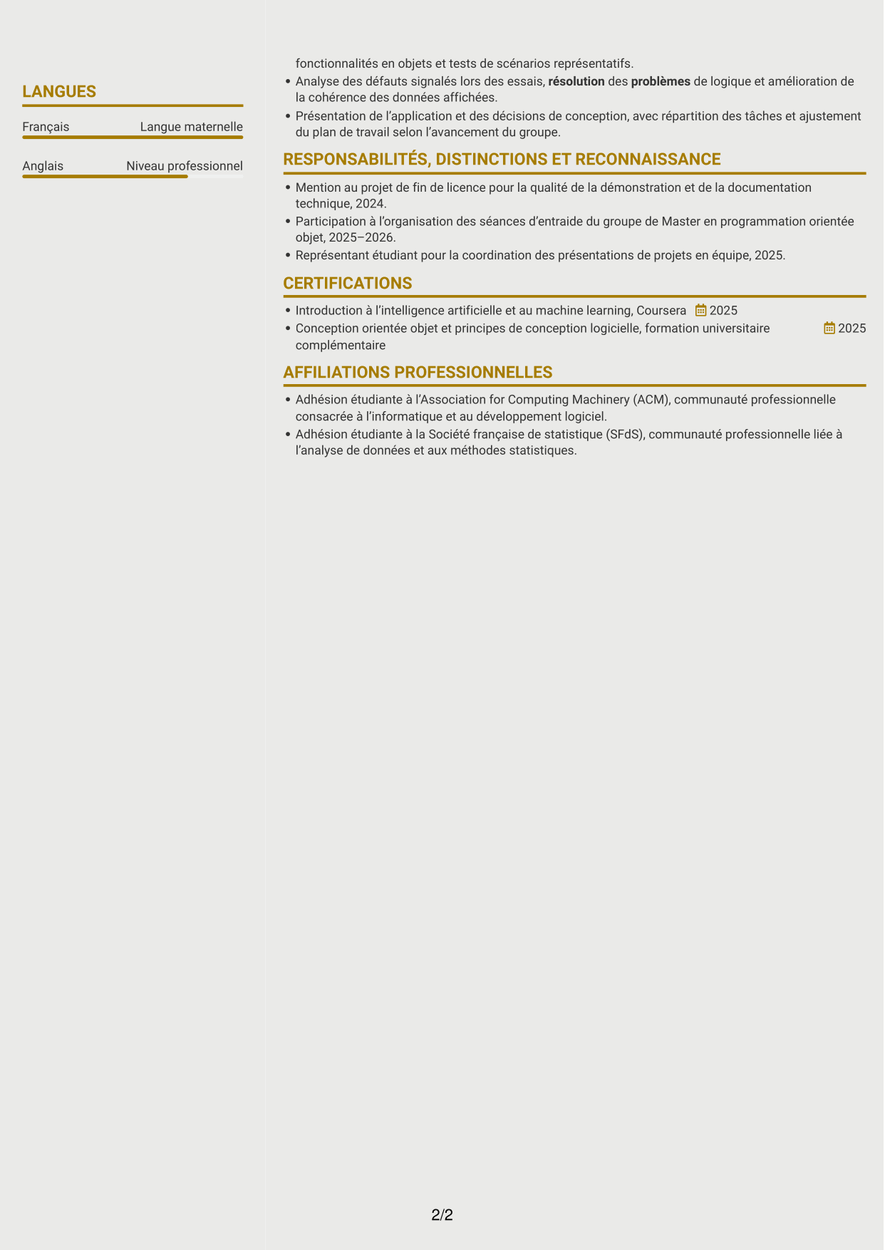 CV Dynamique (format à deux colonnes avec icônes) : Stagiaire développeur logiciel - Supply Chain Analytics, page 2