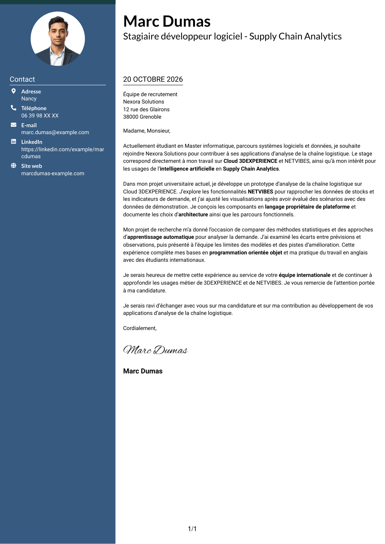 Lettre de motivation Élégant (format à colonne latérale colorée avec photo) : Stagiaire développeur logiciel - Supply Chain Analytics, page 1