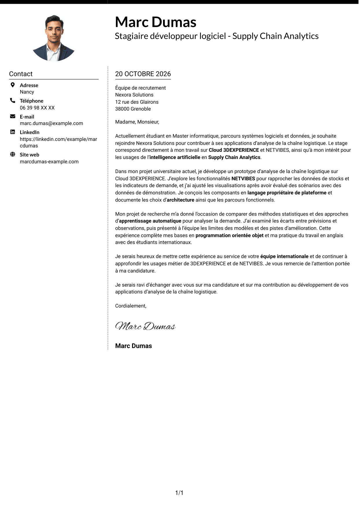 Lettre de motivation Moderne (format à deux colonnes avec photo à gauche et séparateur) : Stagiaire développeur logiciel - Supply Chain Analytics, page 1