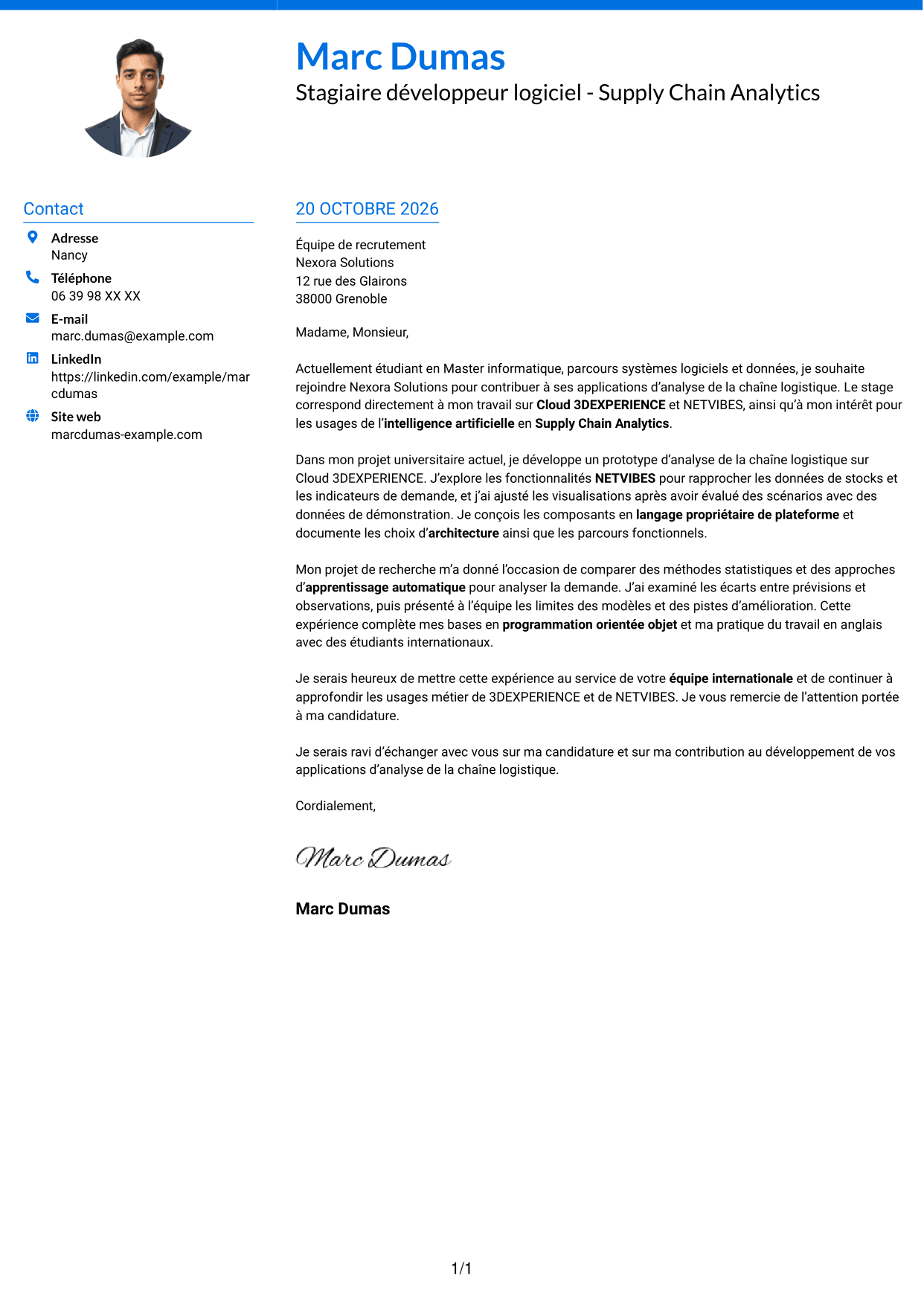 Lettre de motivation Audacieux (format à deux colonnes avec accents colorés et photo) : Stagiaire développeur logiciel - Supply Chain Analytics, page 1