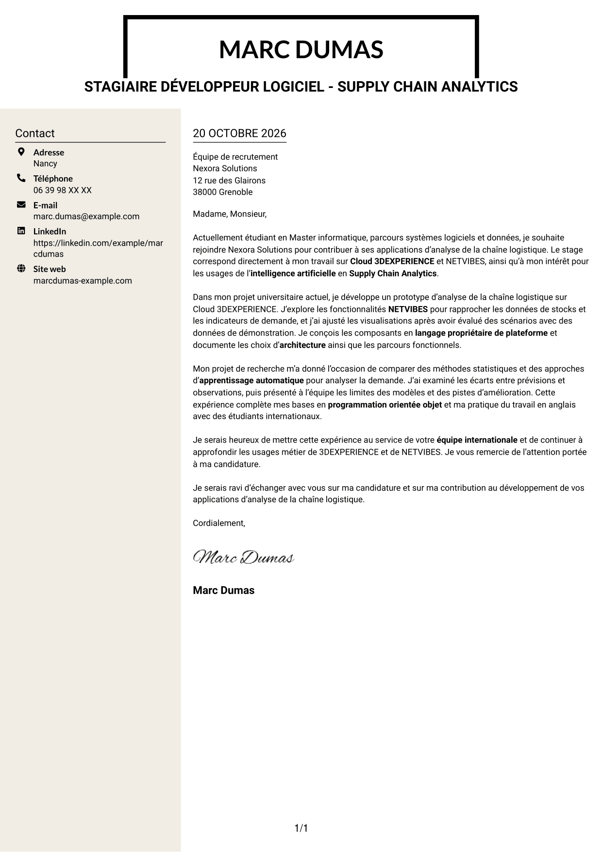 Lettre de motivation Fonceur (format à deux colonnes avec en-tête centré sans photo) : Stagiaire développeur logiciel - Supply Chain Analytics, page 1