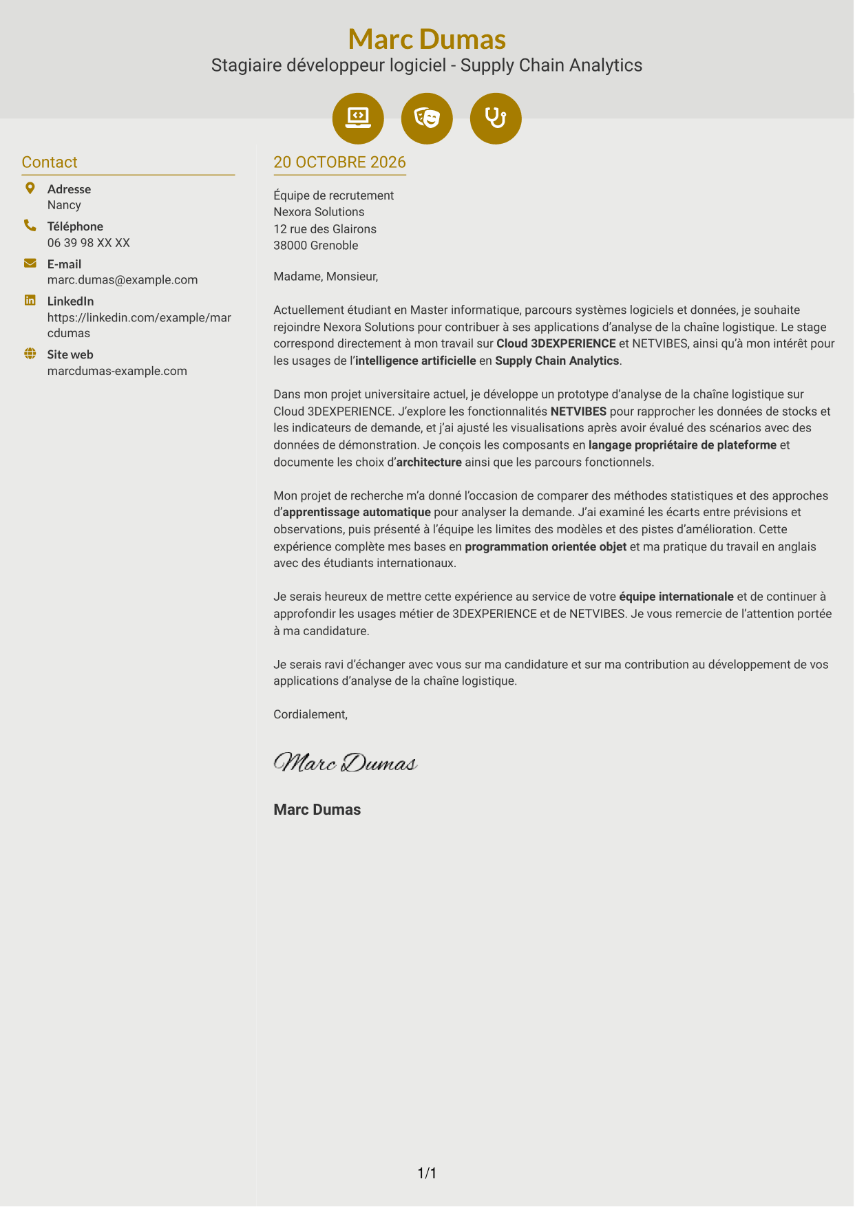 Lettre de motivation Dynamique (format à deux colonnes avec icônes) : Stagiaire développeur logiciel - Supply Chain Analytics, page 1