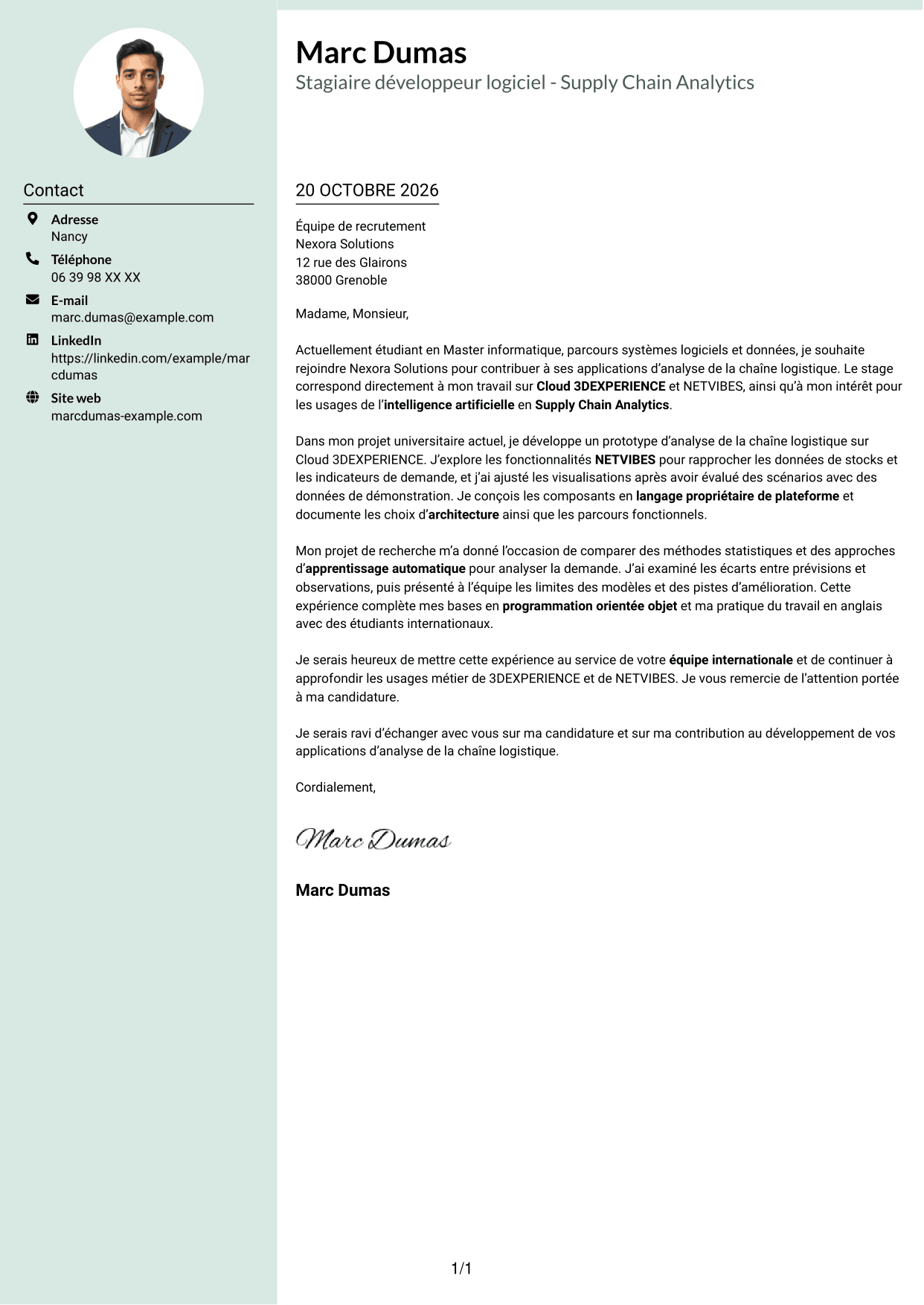 Lettre de motivation Cadre (format à colonne latérale douce avec photo arrondie) : Stagiaire développeur logiciel - Supply Chain Analytics, page 1