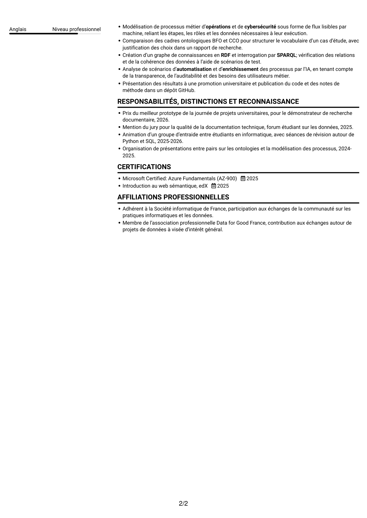 CV Compact (format sobre à deux colonnes avec photo) : Stagiaire Forward Deployed Software Engineer - IA et données, page 2