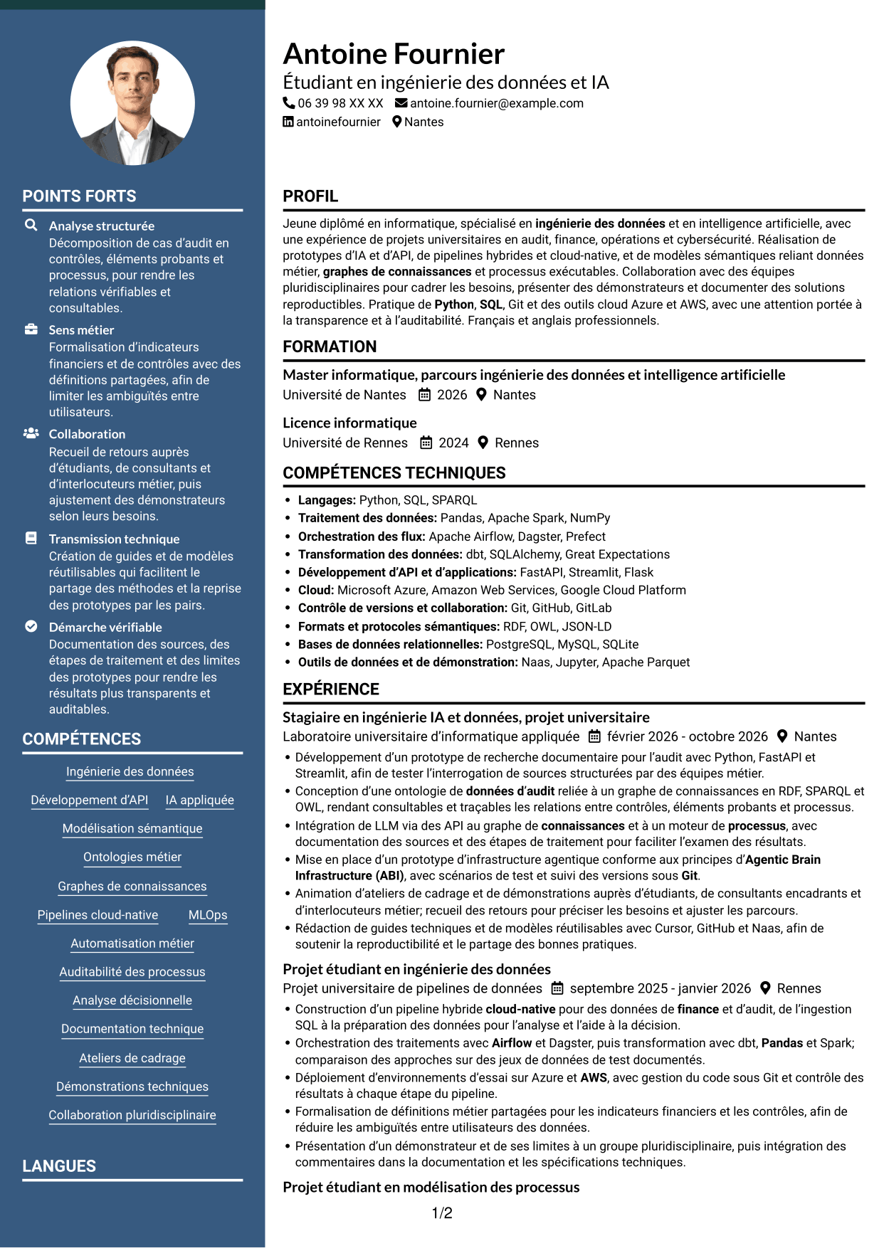 CV Élégant (format à colonne latérale colorée avec photo) : Stagiaire Forward Deployed Software Engineer - IA et données, page 1