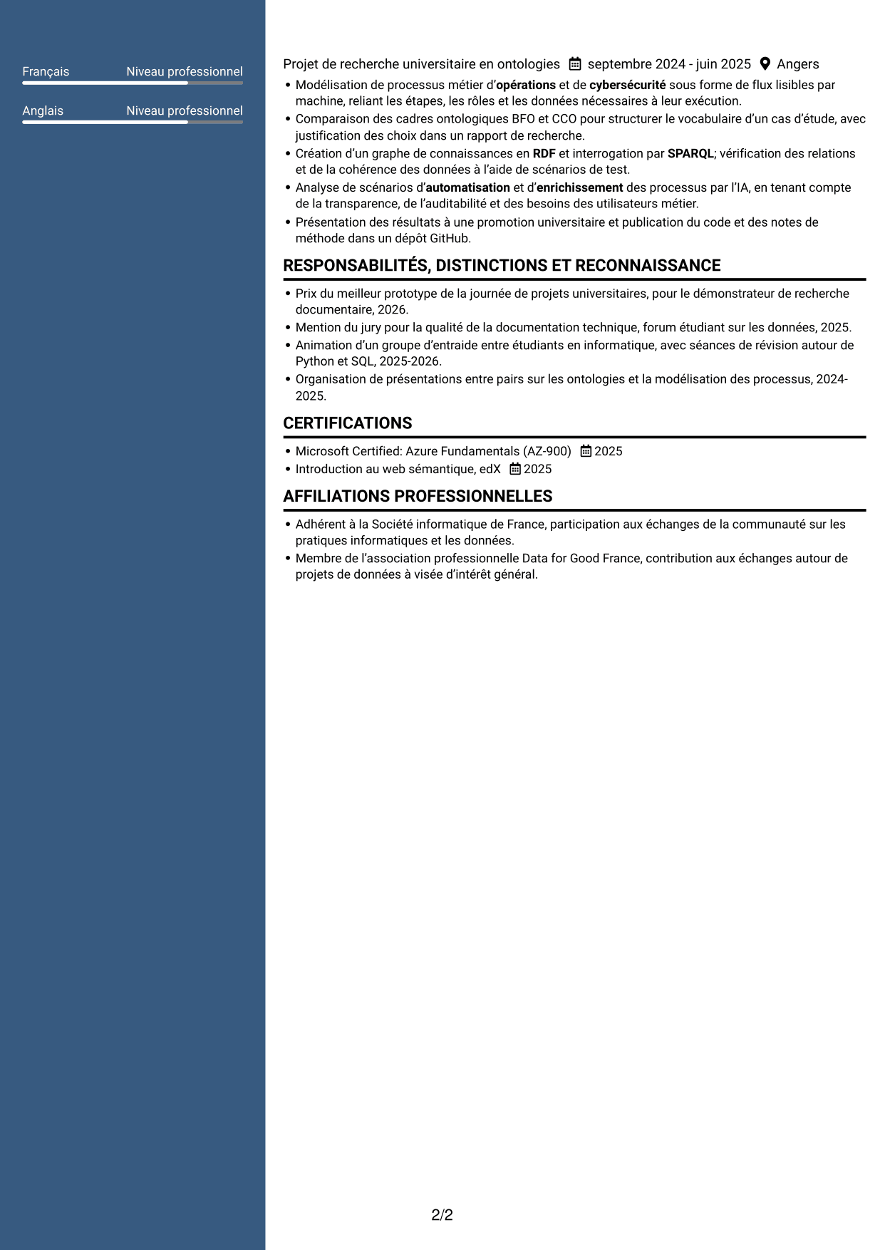 CV Élégant (format à colonne latérale colorée avec photo) : Stagiaire Forward Deployed Software Engineer - IA et données, page 2