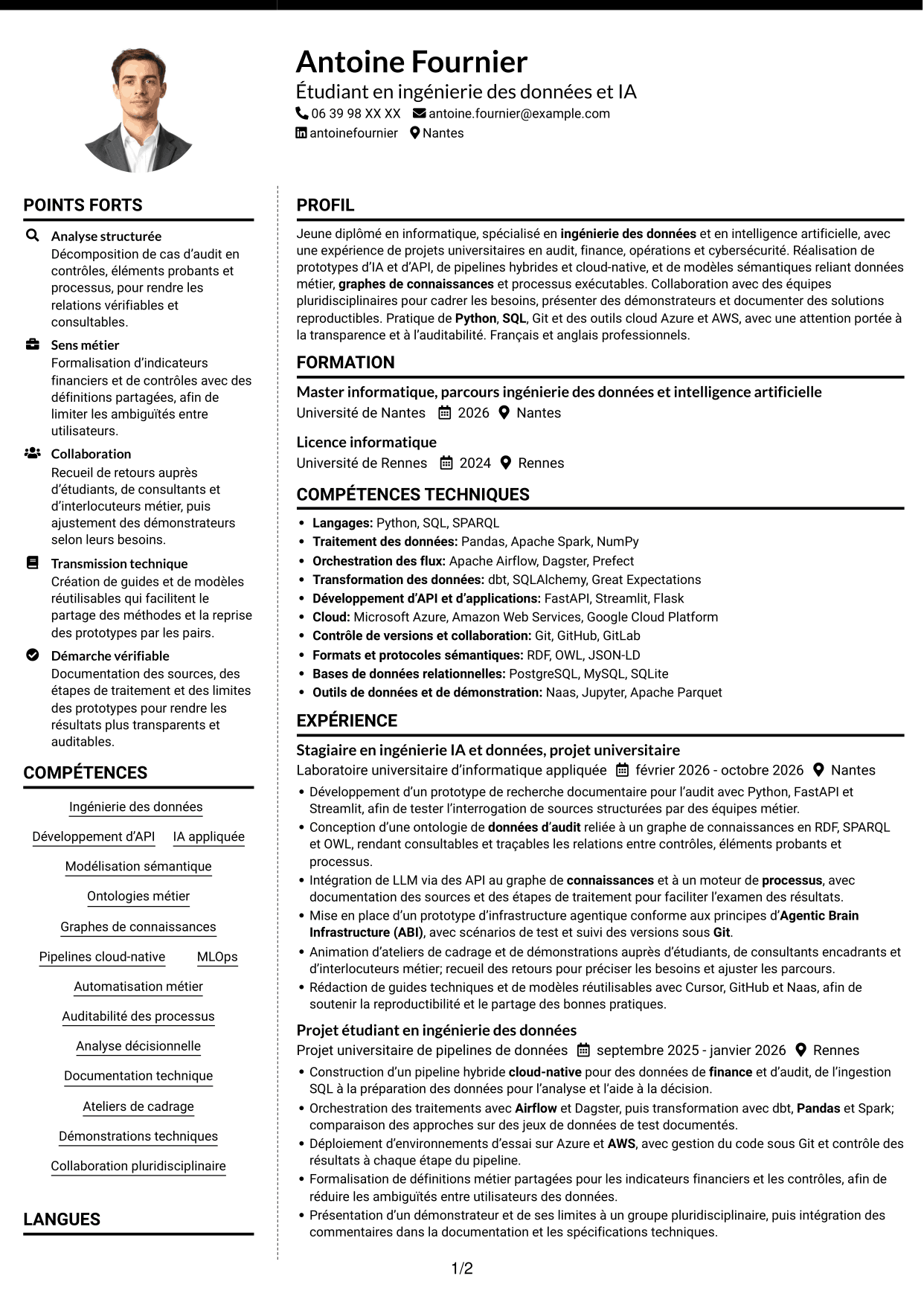 CV Moderne (format à deux colonnes avec photo à gauche et séparateur) : Stagiaire Forward Deployed Software Engineer - IA et données, page 1