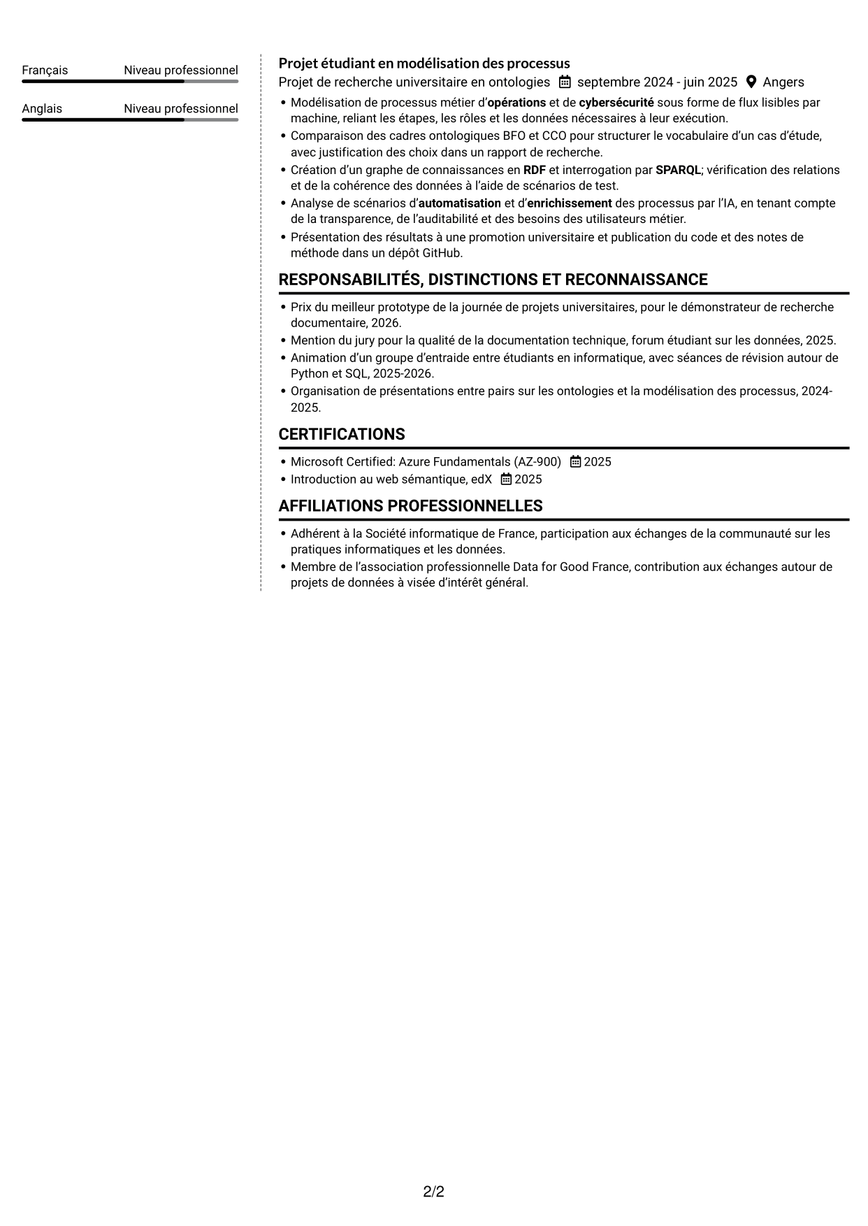 CV Moderne (format à deux colonnes avec photo à gauche et séparateur) : Stagiaire Forward Deployed Software Engineer - IA et données, page 2