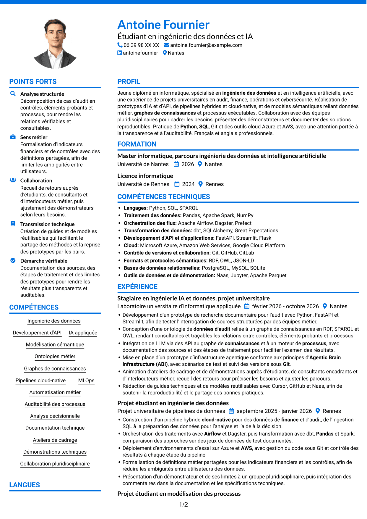 CV Audacieux (format à deux colonnes avec accents colorés et photo) : Stagiaire Forward Deployed Software Engineer - IA et données, page 1
