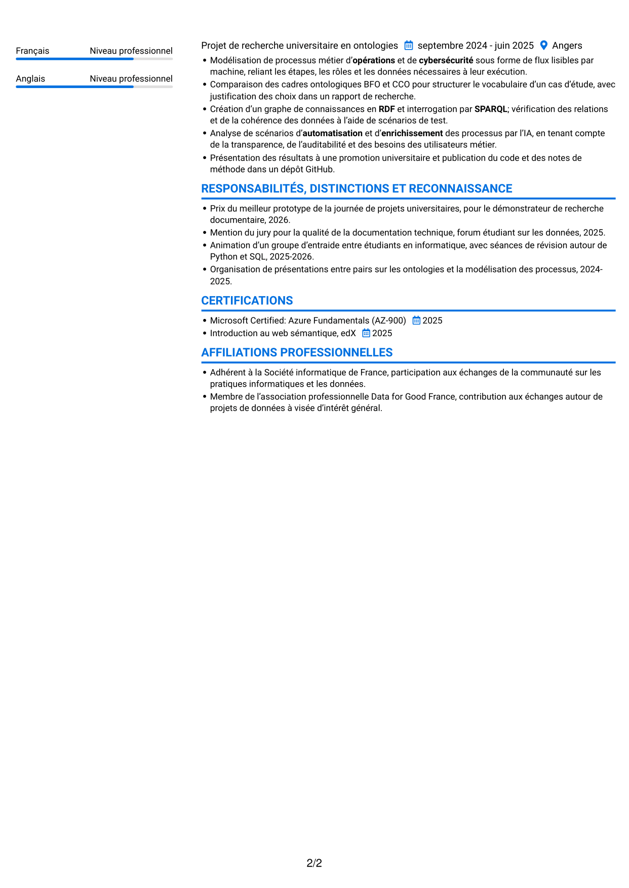 CV Audacieux (format à deux colonnes avec accents colorés et photo) : Stagiaire Forward Deployed Software Engineer - IA et données, page 2