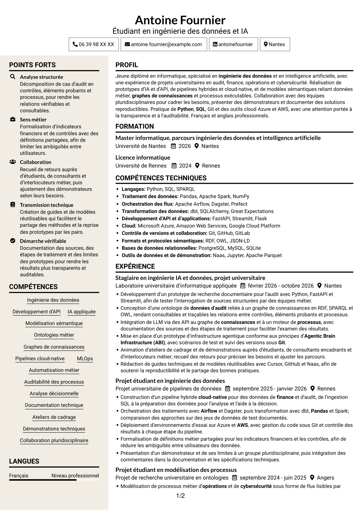 CV Fonceur (format à deux colonnes avec en-tête centré sans photo) : Stagiaire Forward Deployed Software Engineer - IA et données, page 1