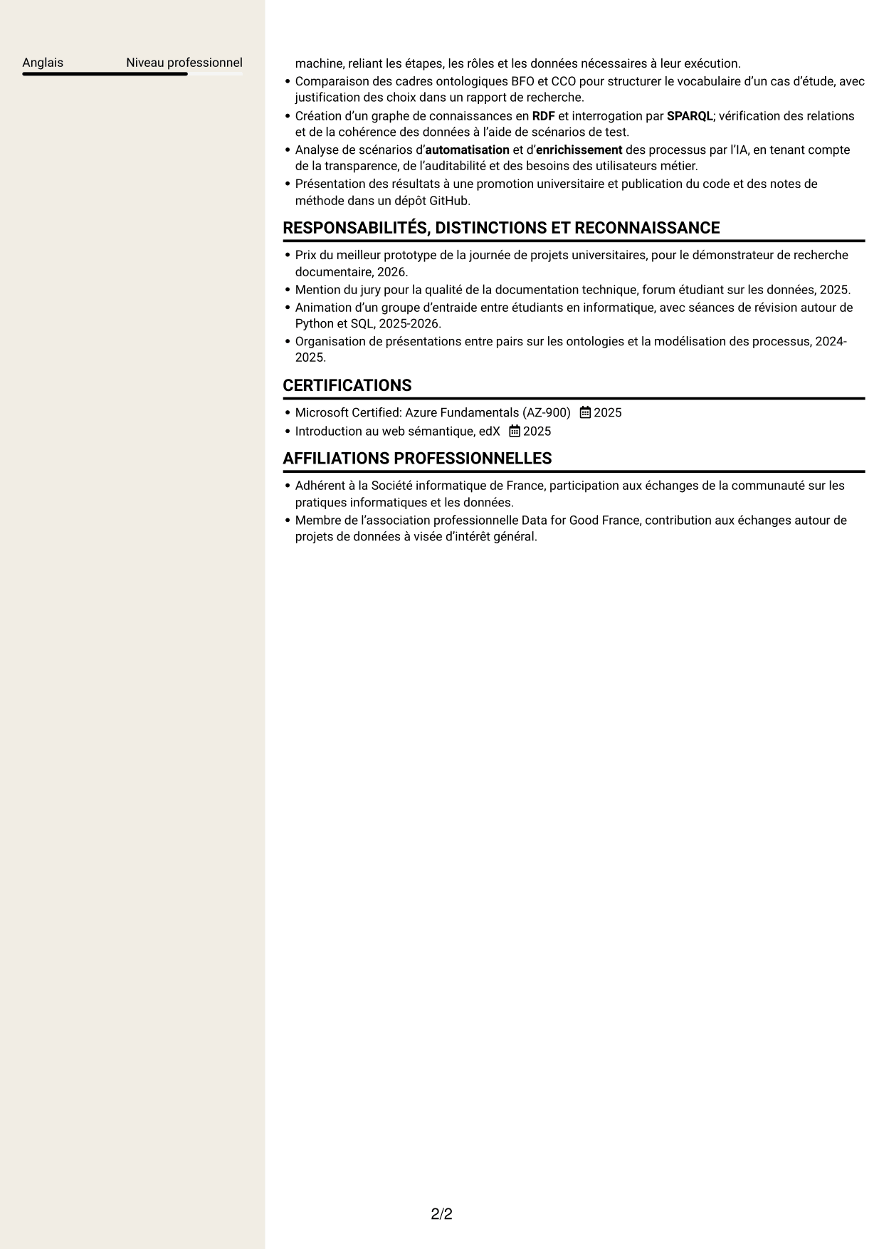 CV Fonceur (format à deux colonnes avec en-tête centré sans photo) : Stagiaire Forward Deployed Software Engineer - IA et données, page 2