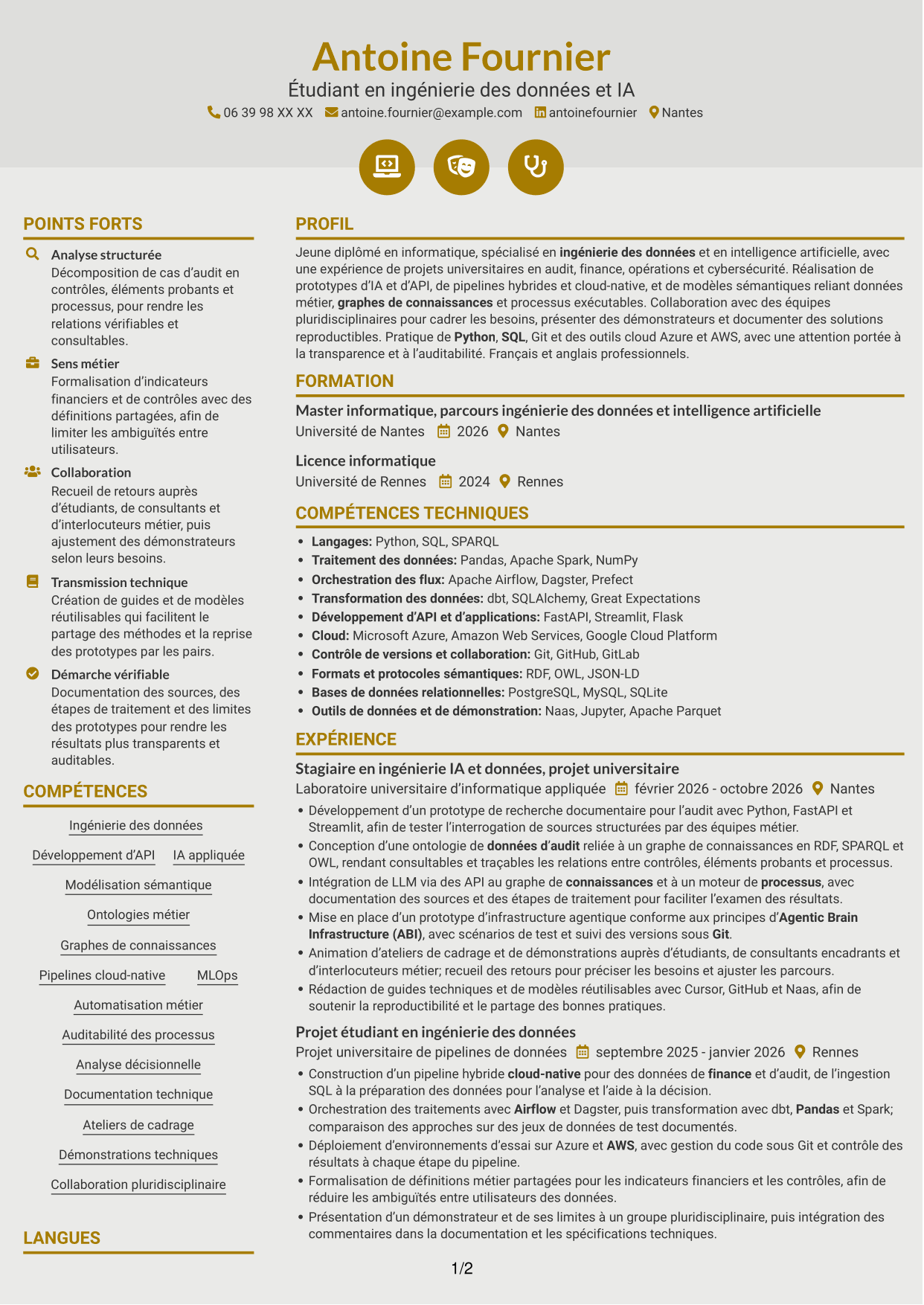 CV Dynamique (format à deux colonnes avec icônes) : Stagiaire Forward Deployed Software Engineer - IA et données, page 1