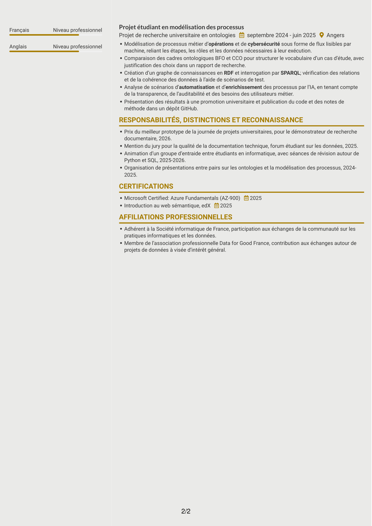 CV Dynamique (format à deux colonnes avec icônes) : Stagiaire Forward Deployed Software Engineer - IA et données, page 2