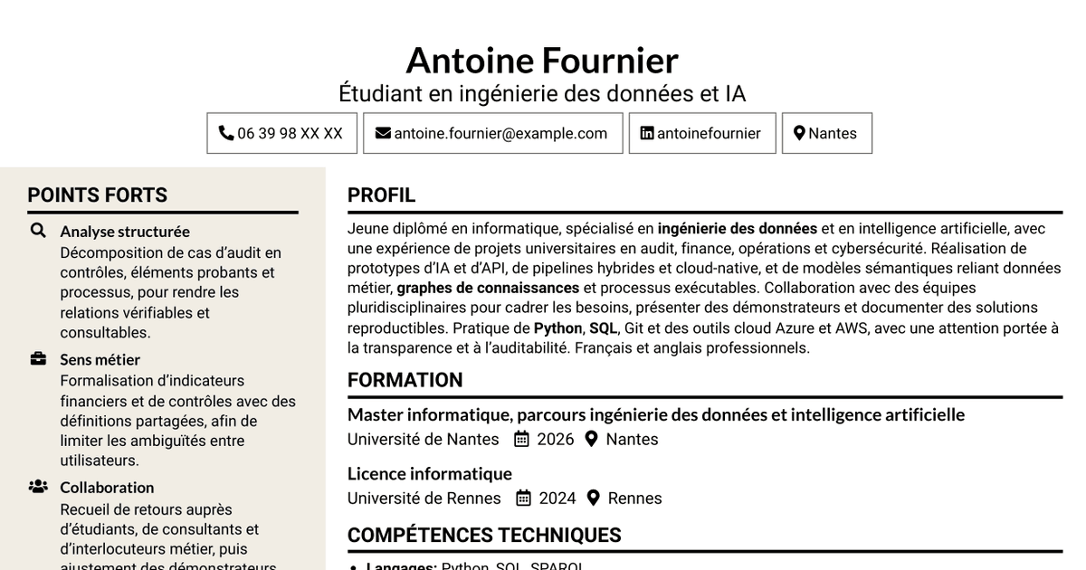 7 modèles de CV pour Stagiaire Forward Deployed Software Engineer - IA et données, avec exemples
