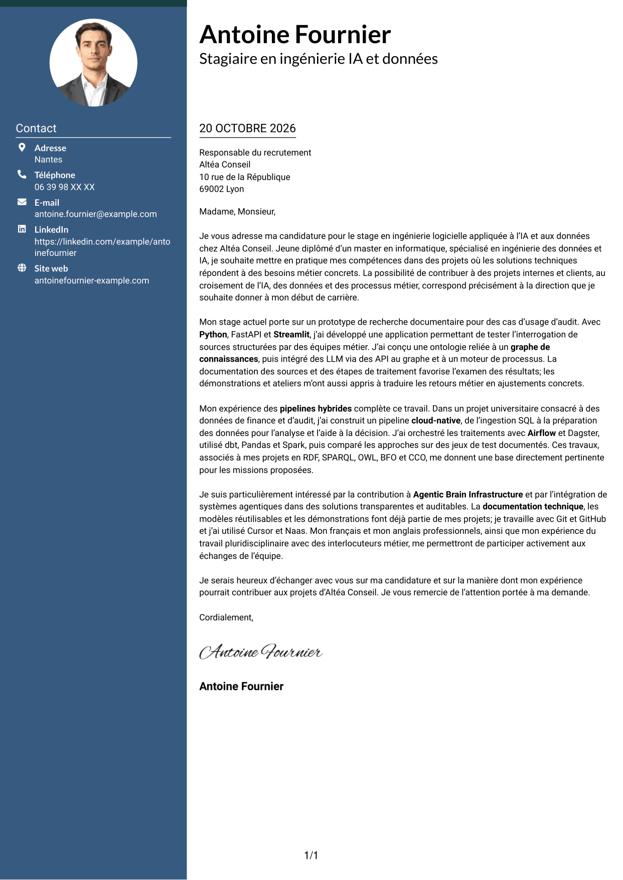 Lettre de motivation Élégant (format à colonne latérale colorée avec photo) : Stagiaire Forward Deployed Software Engineer - IA et données, page 1