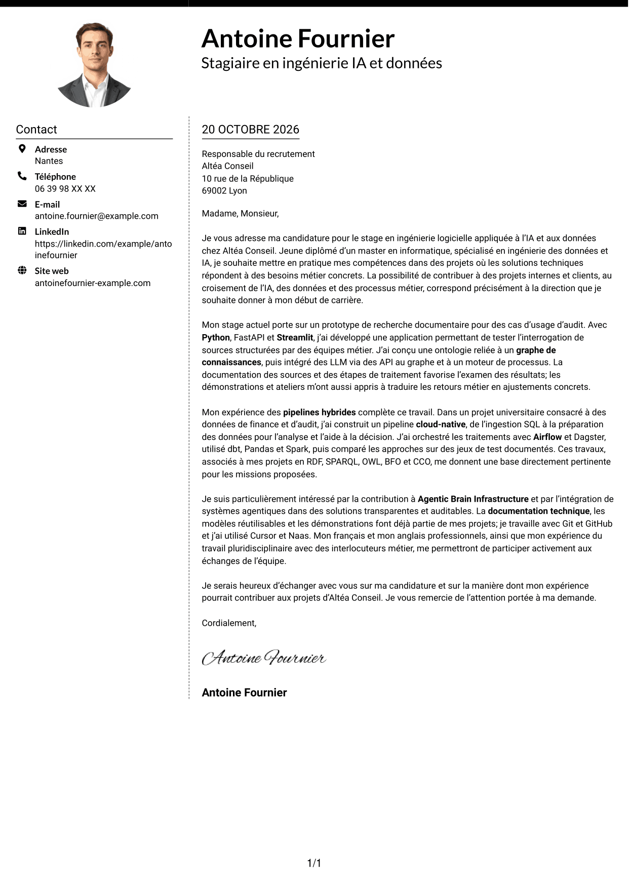 Lettre de motivation Moderne (format à deux colonnes avec photo à gauche et séparateur) : Stagiaire Forward Deployed Software Engineer - IA et données, page 1