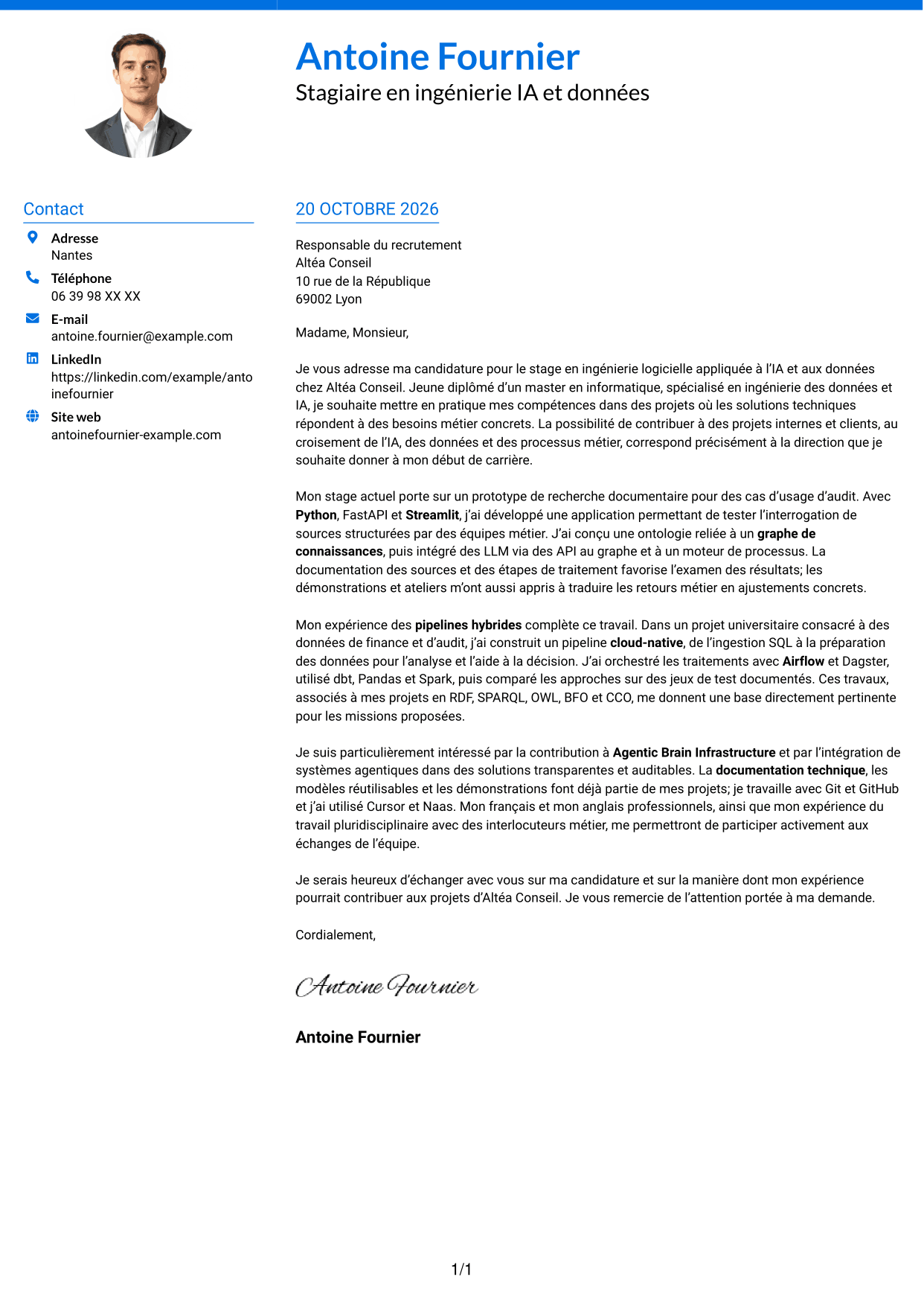 Lettre de motivation Audacieux (format à deux colonnes avec accents colorés et photo) : Stagiaire Forward Deployed Software Engineer - IA et données, page 1