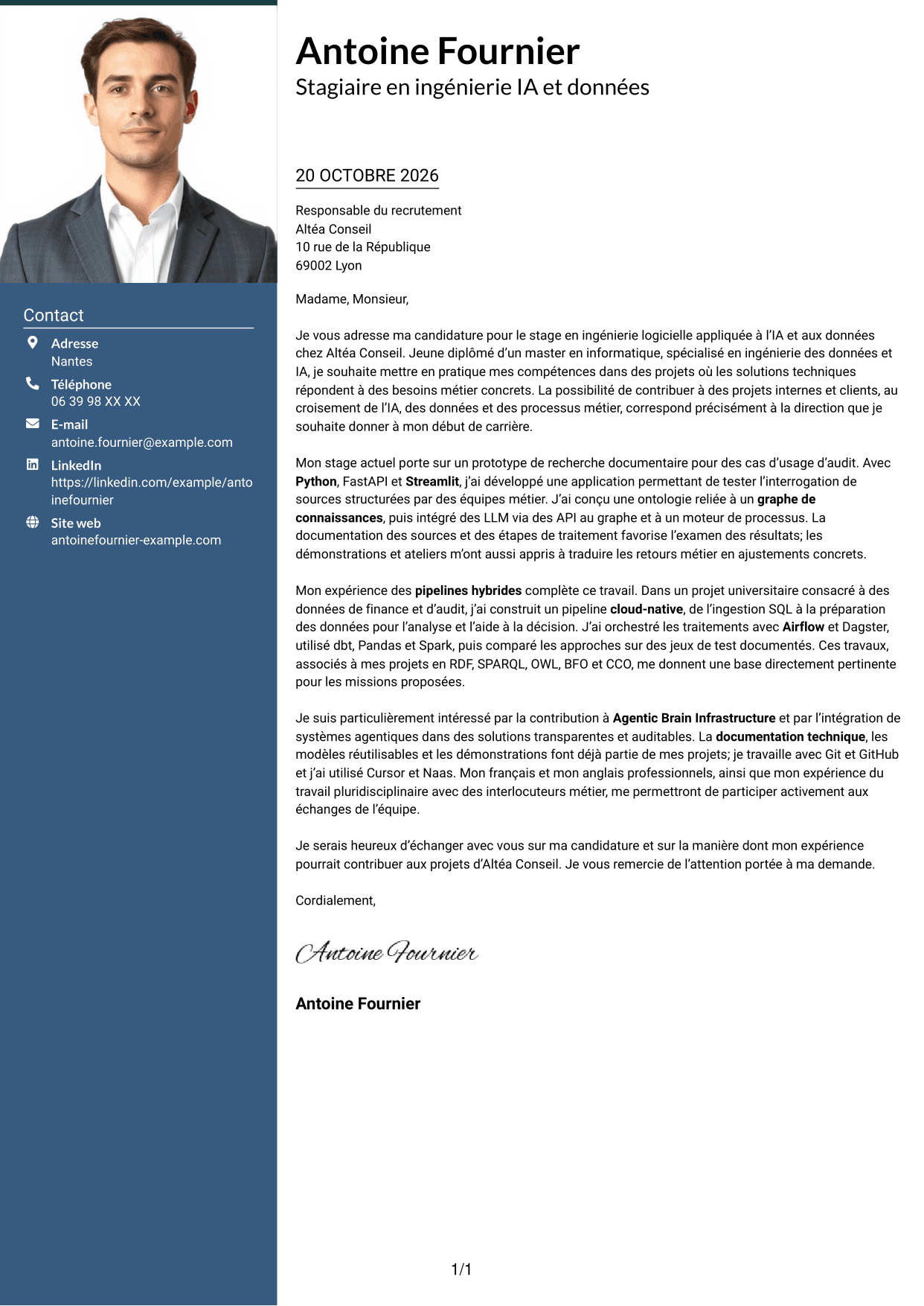 Lettre de motivation Signature (format à colonne latérale colorée avec grande photo) : Stagiaire Forward Deployed Software Engineer - IA et données, page 1