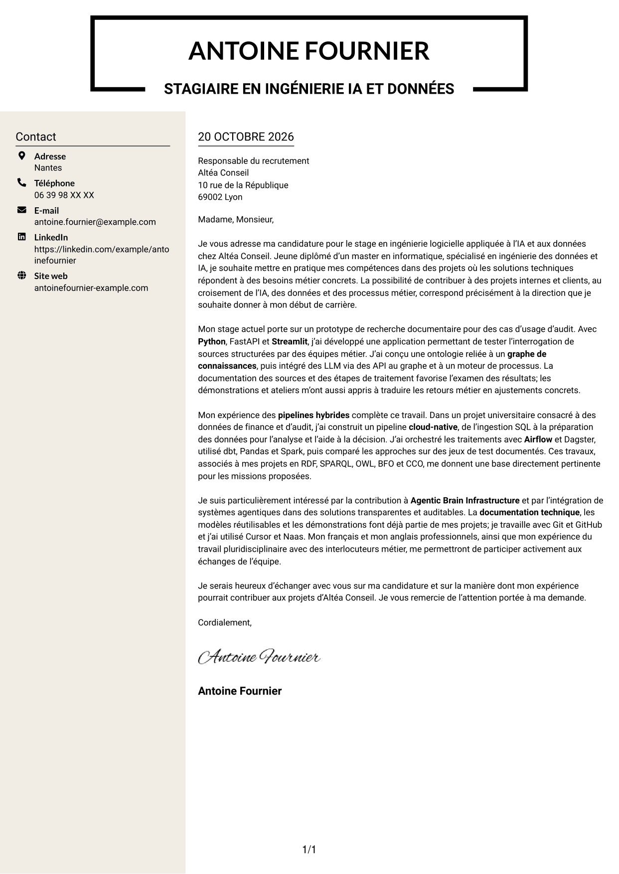 Lettre de motivation Fonceur (format à deux colonnes avec en-tête centré sans photo) : Stagiaire Forward Deployed Software Engineer - IA et données, page 1