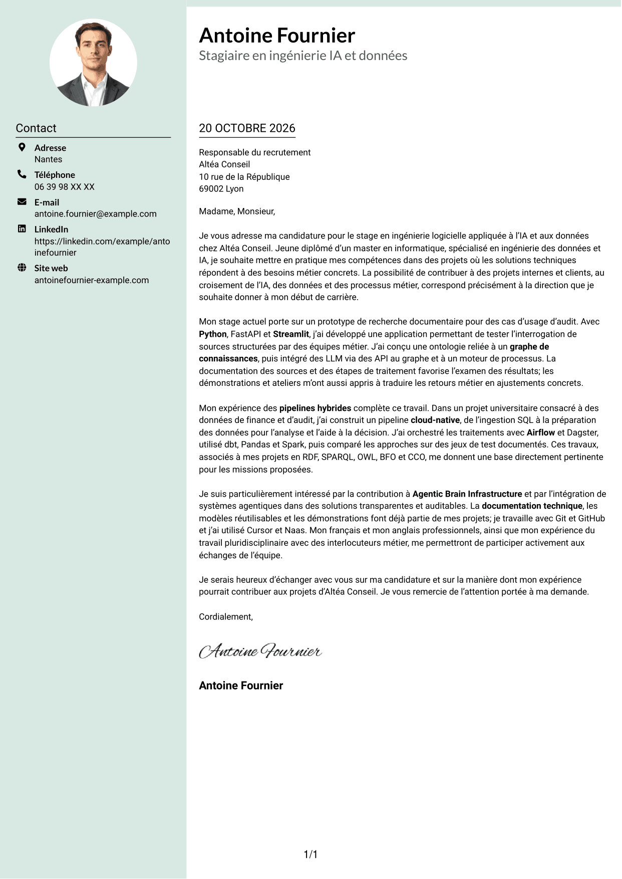 Lettre de motivation Cadre (format à colonne latérale douce avec photo arrondie) : Stagiaire Forward Deployed Software Engineer - IA et données, page 1
