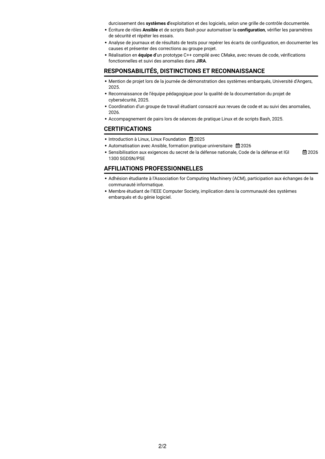 CV Compact (format sobre à deux colonnes avec photo) : Stagiaire Ingénieur Automatisation IA et Qualimétrie Logicielle, page 2