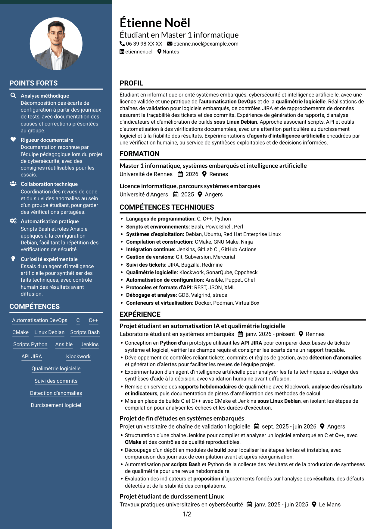 CV Élégant (format à colonne latérale colorée avec photo) : Stagiaire Ingénieur Automatisation IA et Qualimétrie Logicielle, page 1