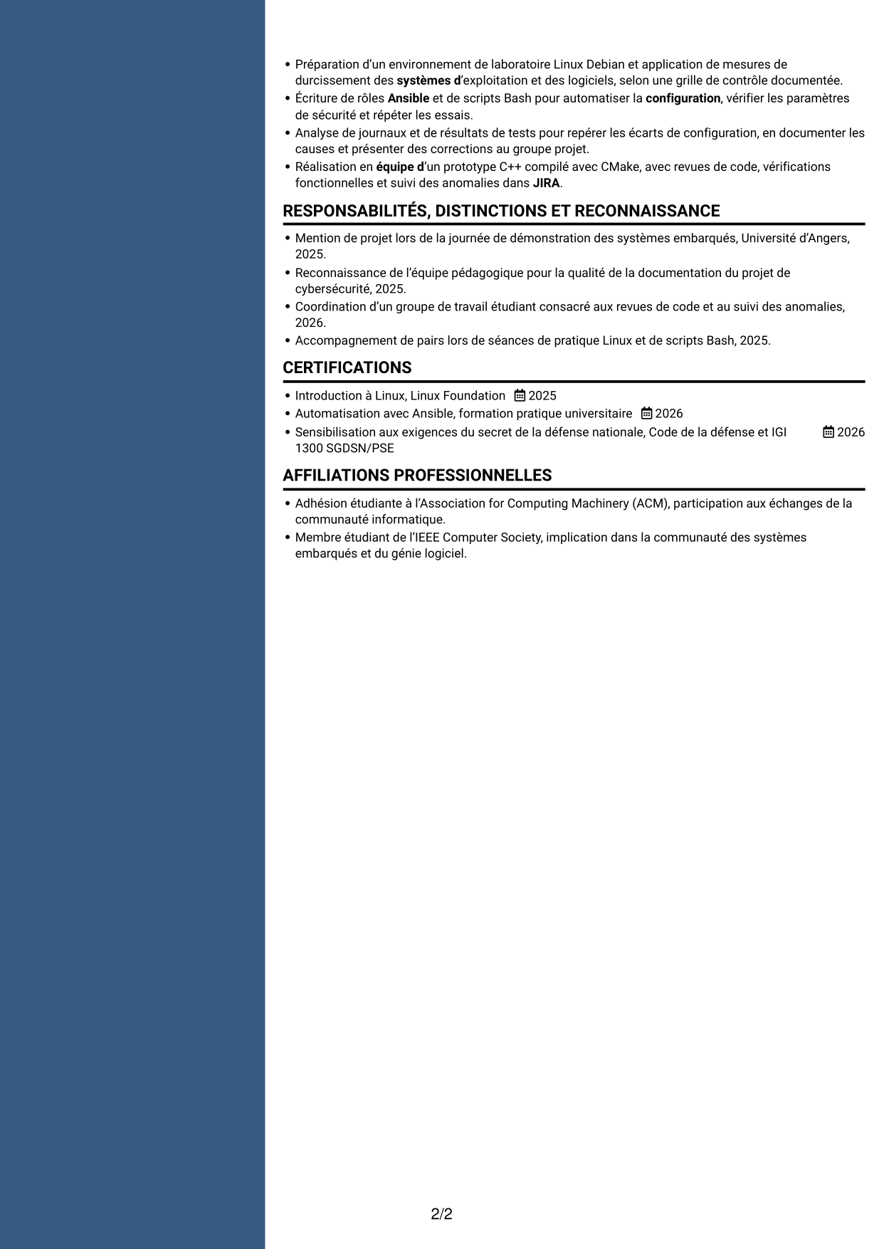 CV Élégant (format à colonne latérale colorée avec photo) : Stagiaire Ingénieur Automatisation IA et Qualimétrie Logicielle, page 2