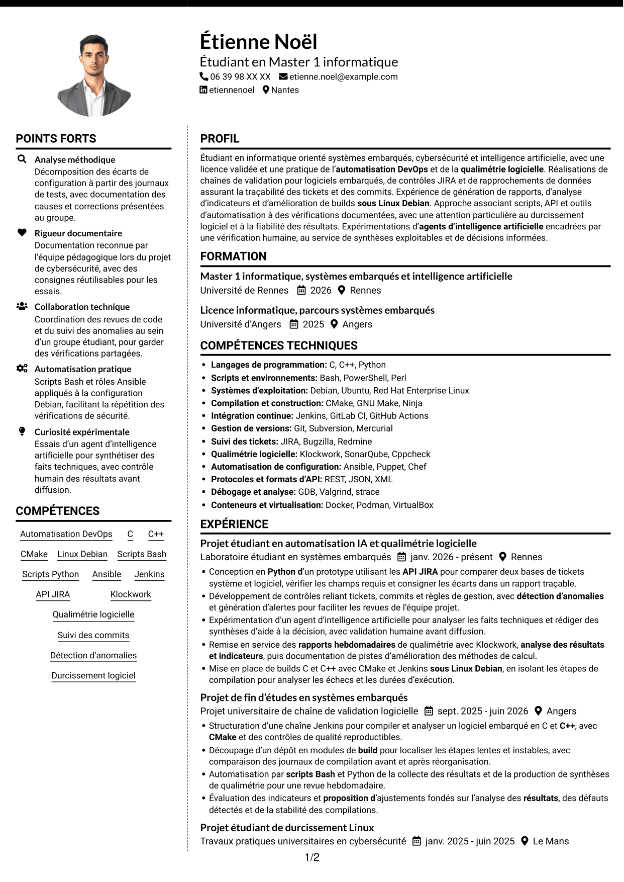 CV Moderne (format à deux colonnes avec photo à gauche et séparateur) : Stagiaire Ingénieur Automatisation IA et Qualimétrie Logicielle, page 1