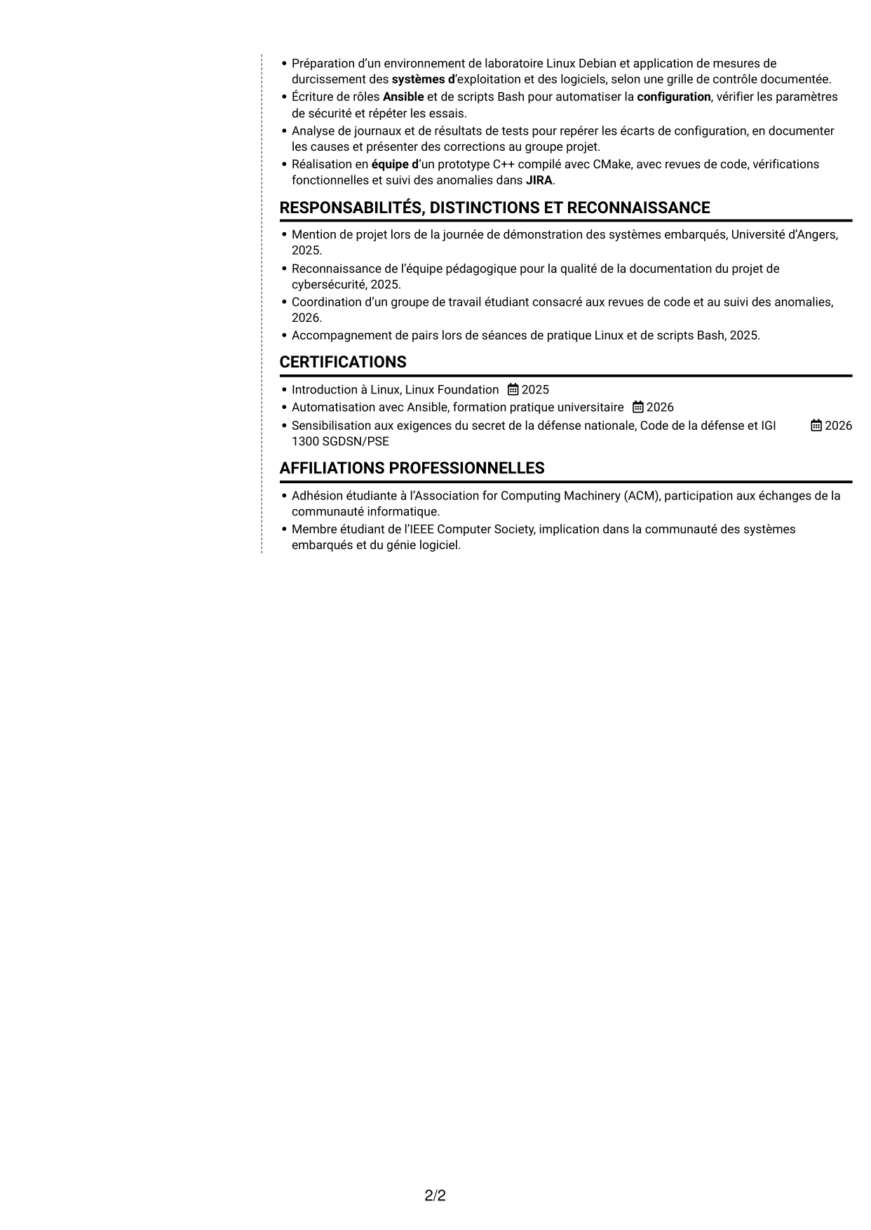 CV Moderne (format à deux colonnes avec photo à gauche et séparateur) : Stagiaire Ingénieur Automatisation IA et Qualimétrie Logicielle, page 2
