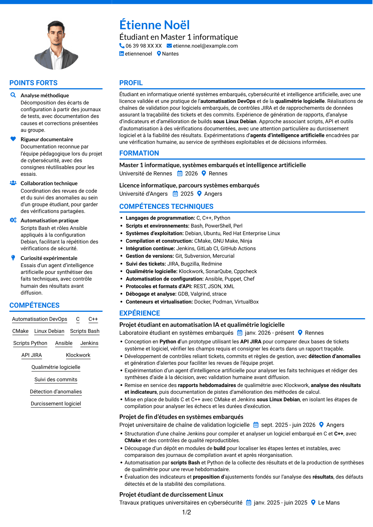 CV Audacieux (format à deux colonnes avec accents colorés et photo) : Stagiaire Ingénieur Automatisation IA et Qualimétrie Logicielle, page 1