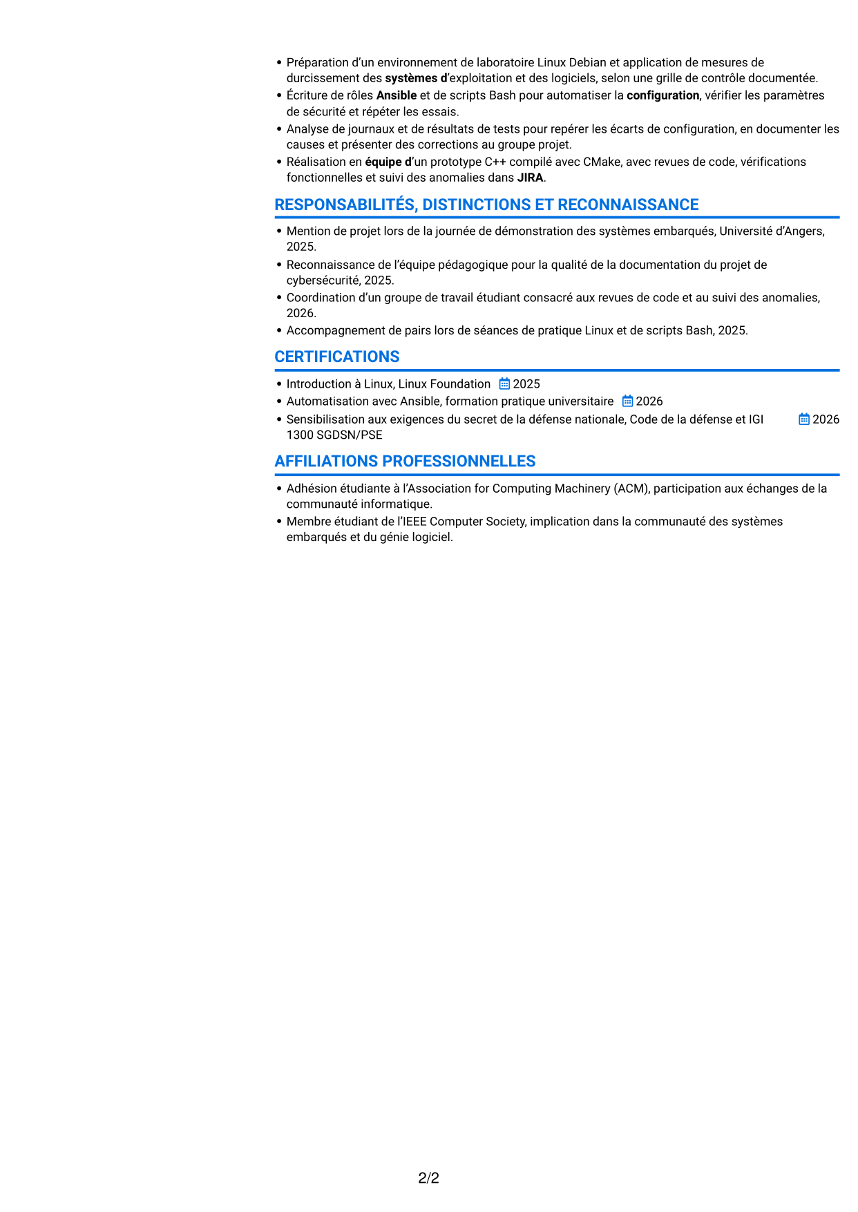 CV Audacieux (format à deux colonnes avec accents colorés et photo) : Stagiaire Ingénieur Automatisation IA et Qualimétrie Logicielle, page 2