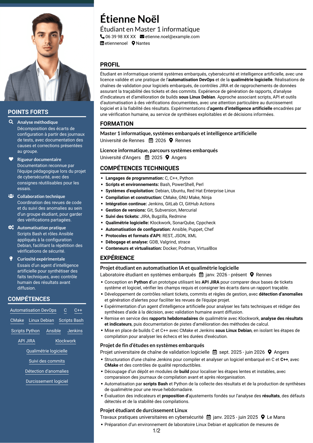 CV Signature (format à colonne latérale colorée avec grande photo) : Stagiaire Ingénieur Automatisation IA et Qualimétrie Logicielle, page 1