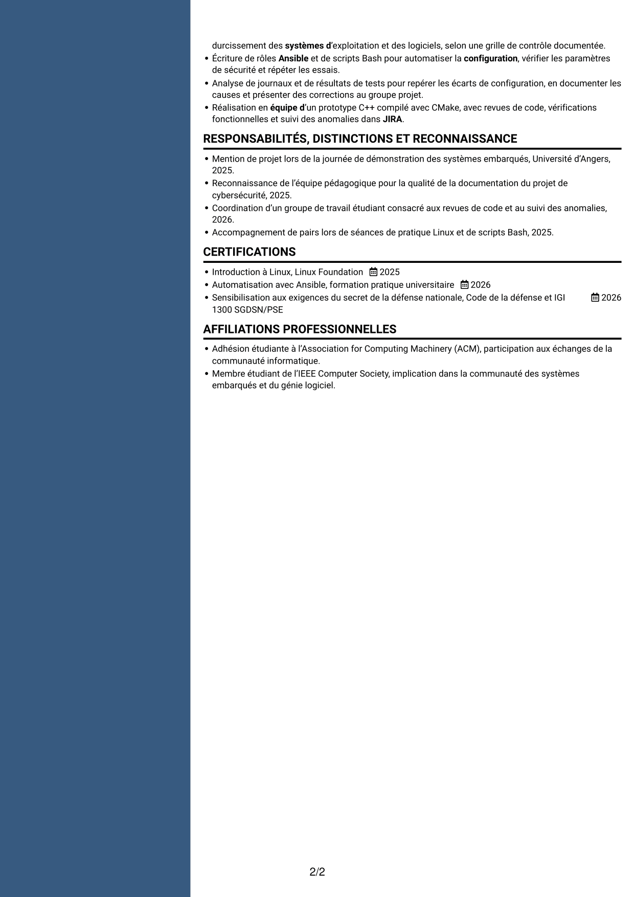 CV Signature (format à colonne latérale colorée avec grande photo) : Stagiaire Ingénieur Automatisation IA et Qualimétrie Logicielle, page 2