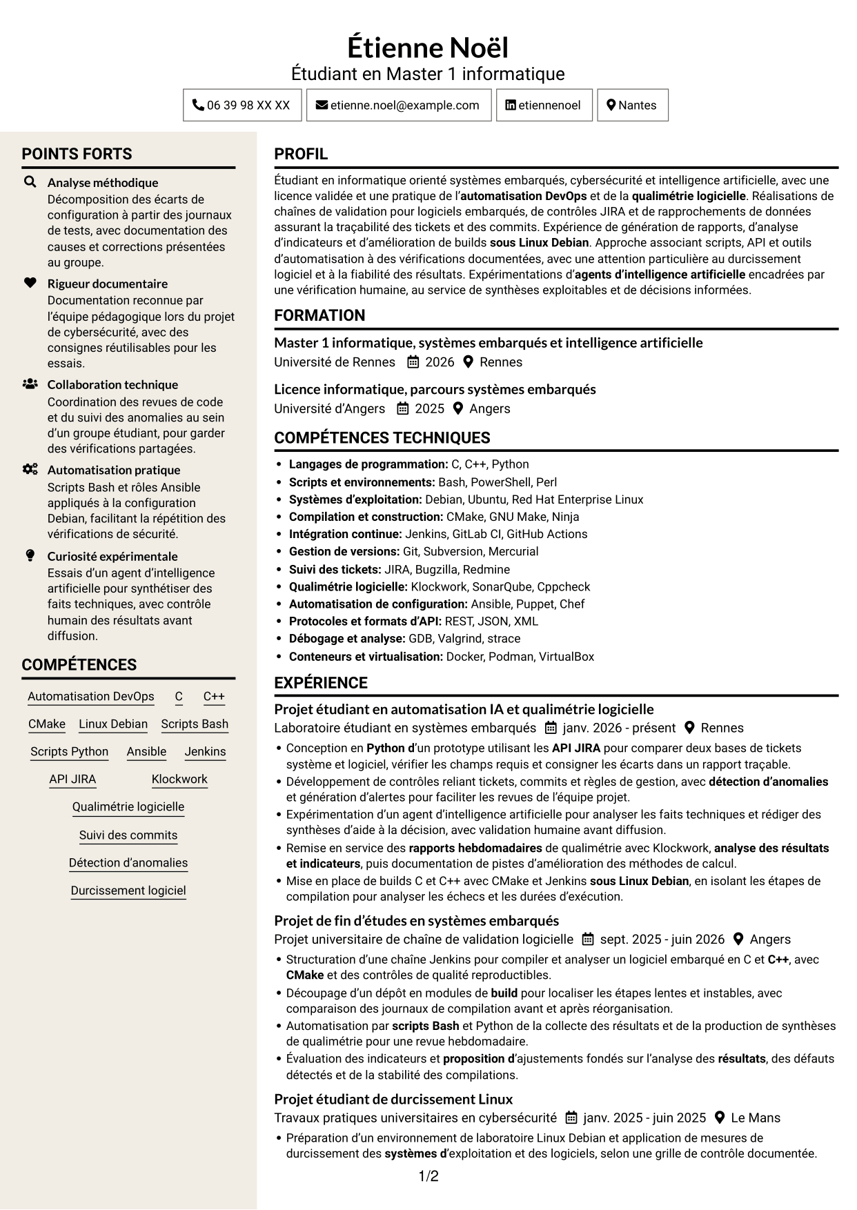 CV Fonceur (format à deux colonnes avec en-tête centré sans photo) : Stagiaire Ingénieur Automatisation IA et Qualimétrie Logicielle, page 1