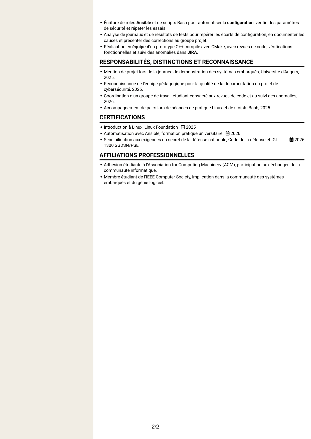 CV Fonceur (format à deux colonnes avec en-tête centré sans photo) : Stagiaire Ingénieur Automatisation IA et Qualimétrie Logicielle, page 2