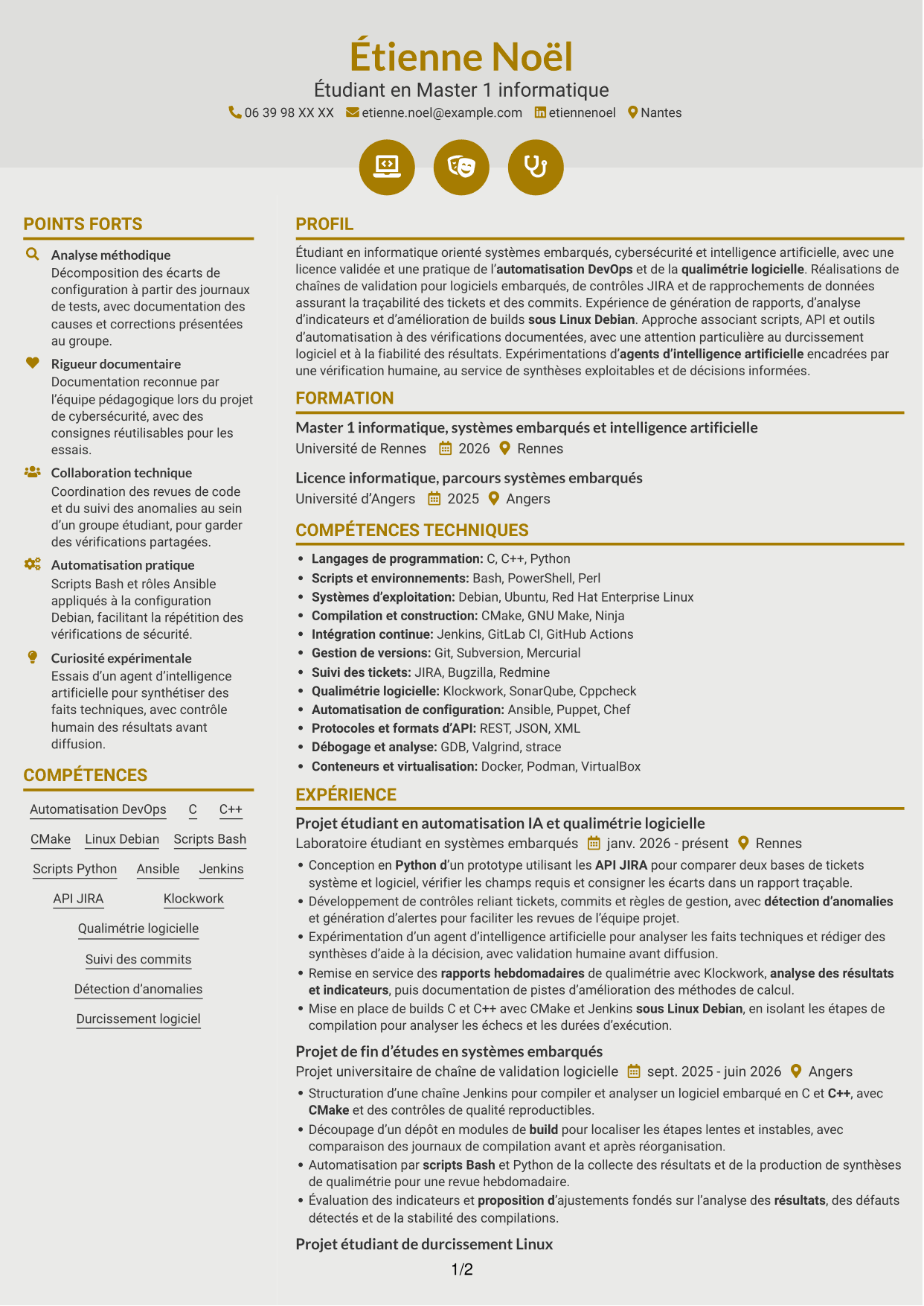 CV Dynamique (format à deux colonnes avec icônes) : Stagiaire Ingénieur Automatisation IA et Qualimétrie Logicielle, page 1