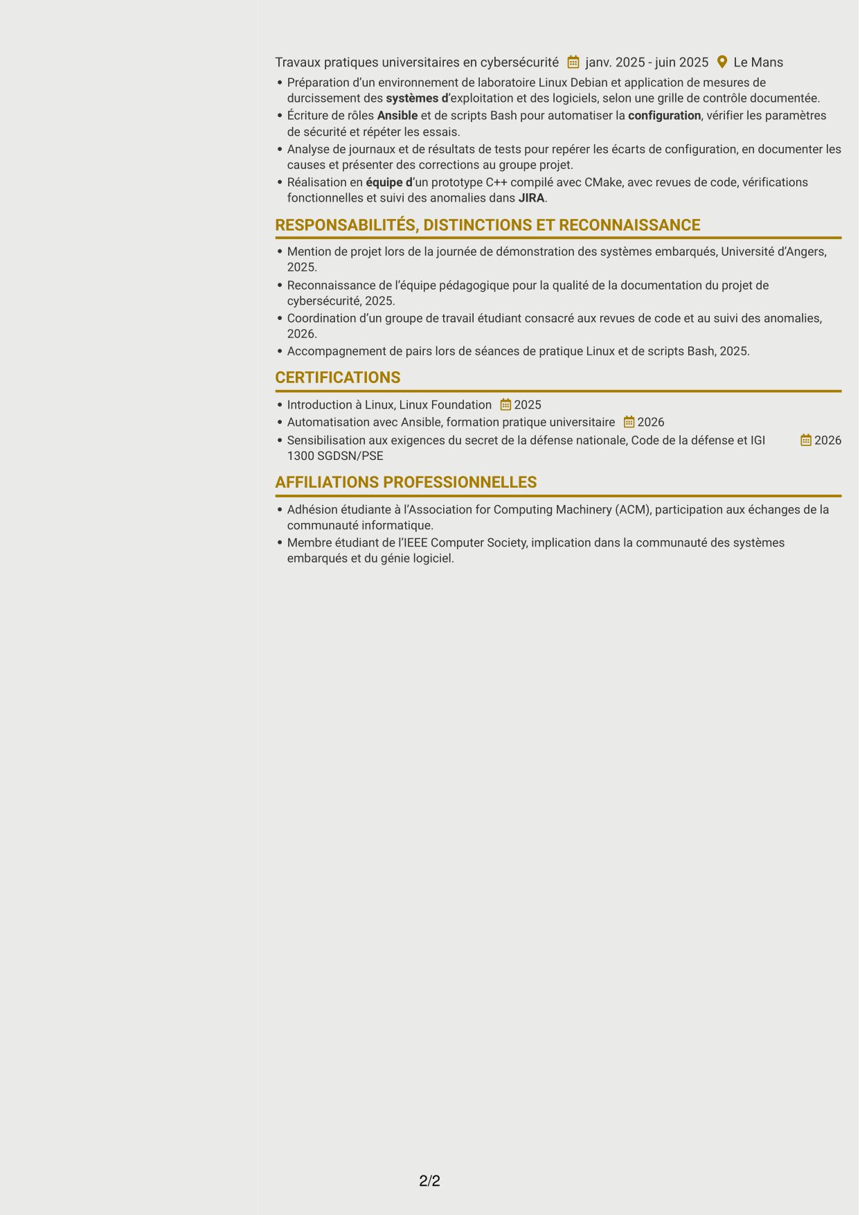 CV Dynamique (format à deux colonnes avec icônes) : Stagiaire Ingénieur Automatisation IA et Qualimétrie Logicielle, page 2